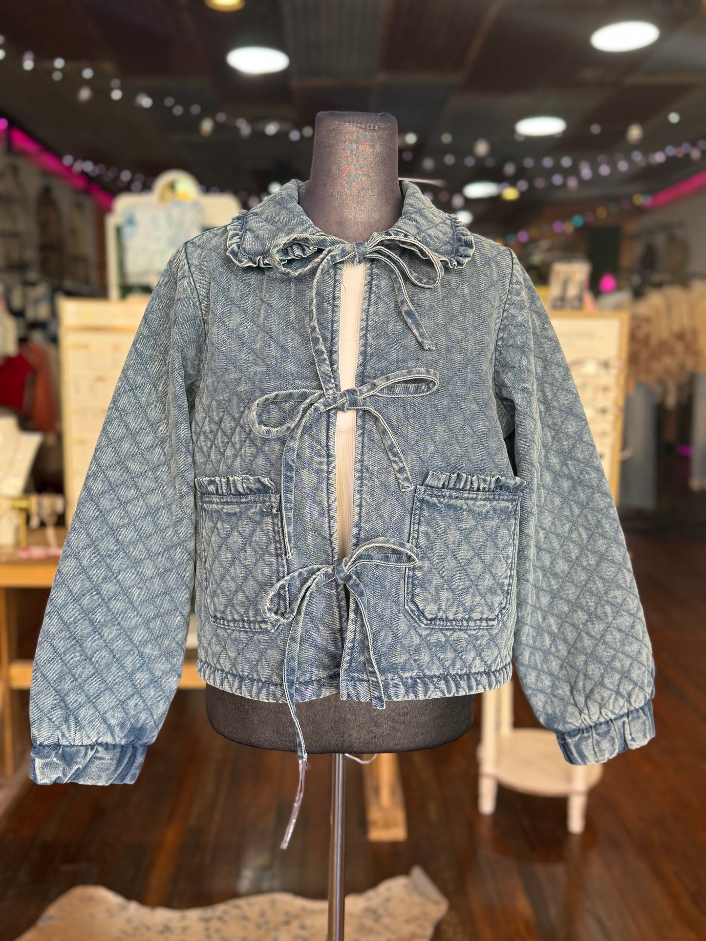 Quilted Denim Front Tie Jacket