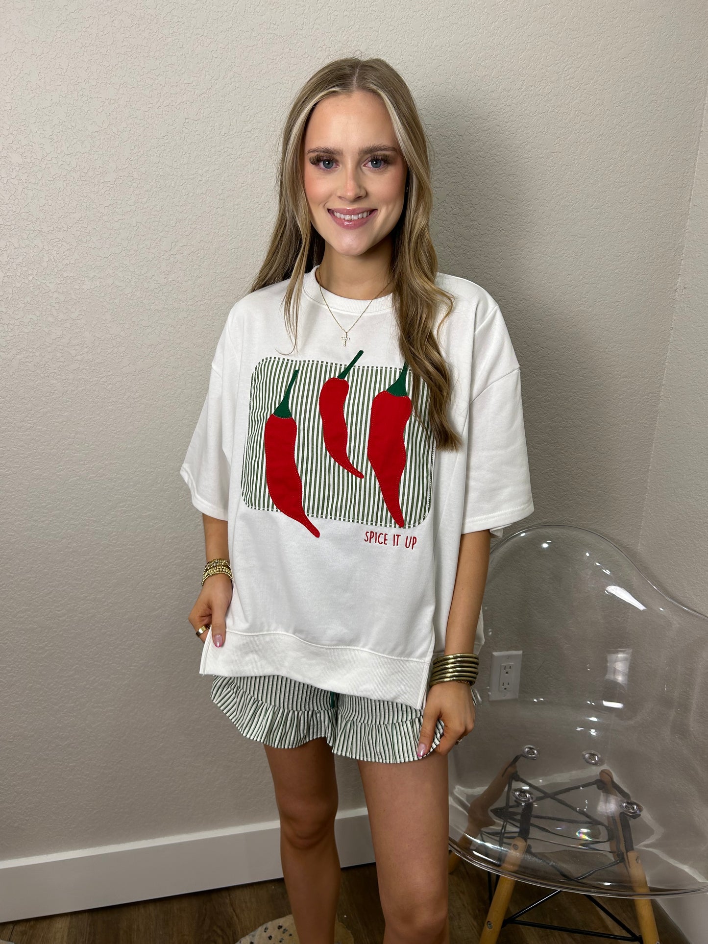 Ruffle Stripe Drawstring Shorts in Green