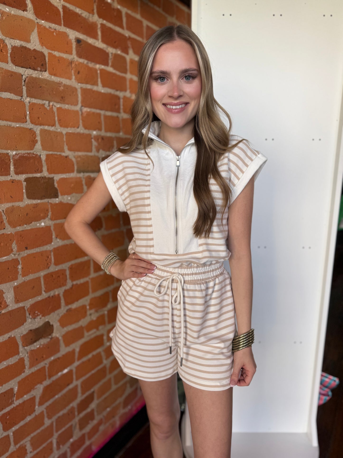 Stripe Front Zip Romper in Lt Khaki