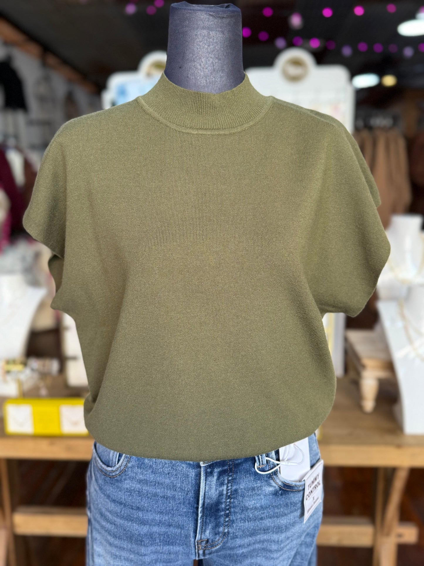 Mock Neck Knit Sweater Top in Olive