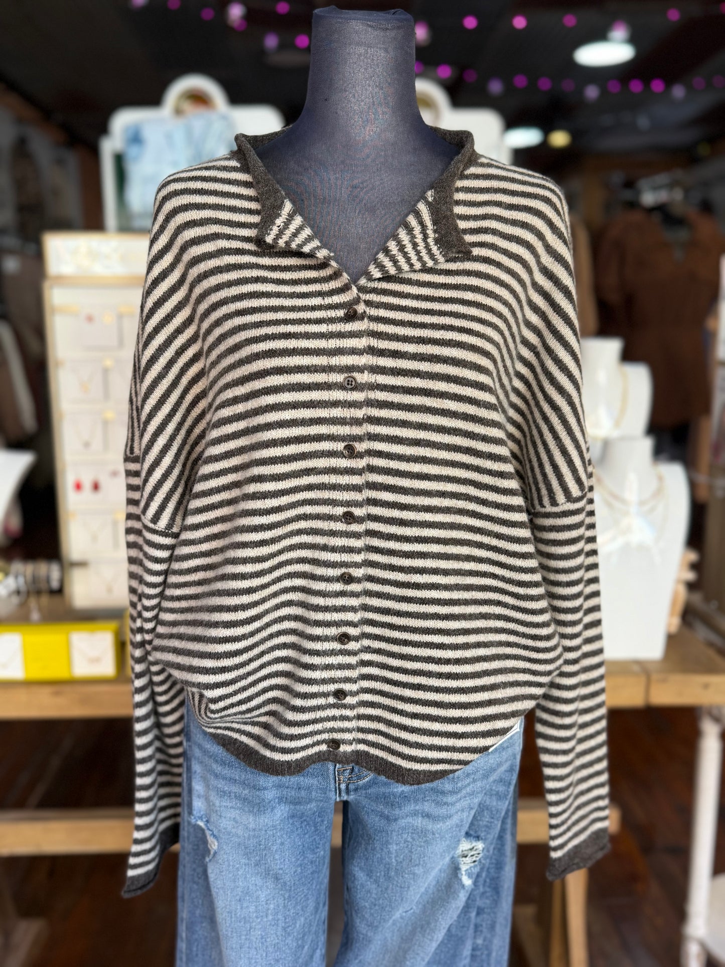 Striped Cardigan in Dark Brown