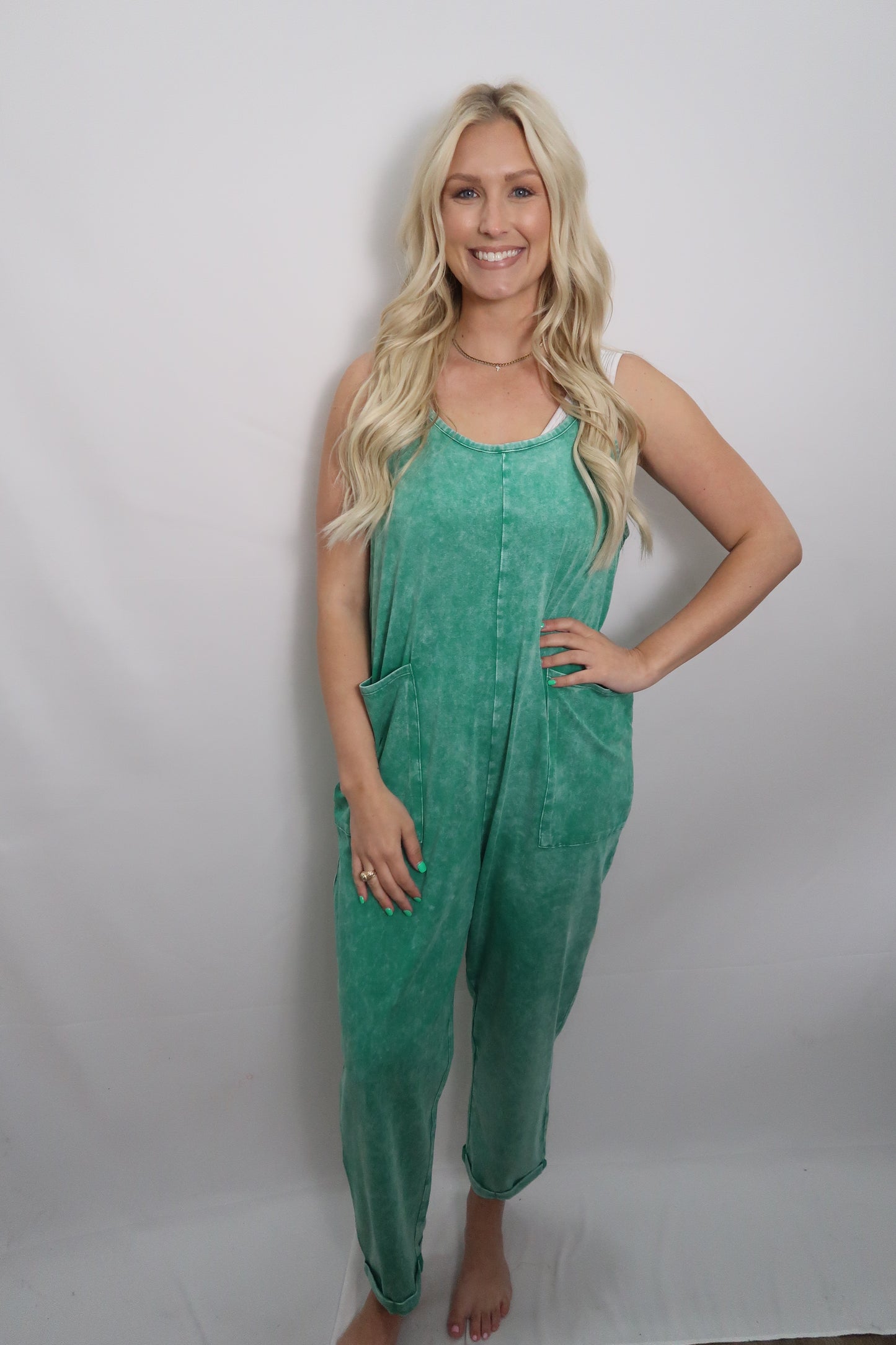 Washed Spaghetti Strap Overalls in K Green