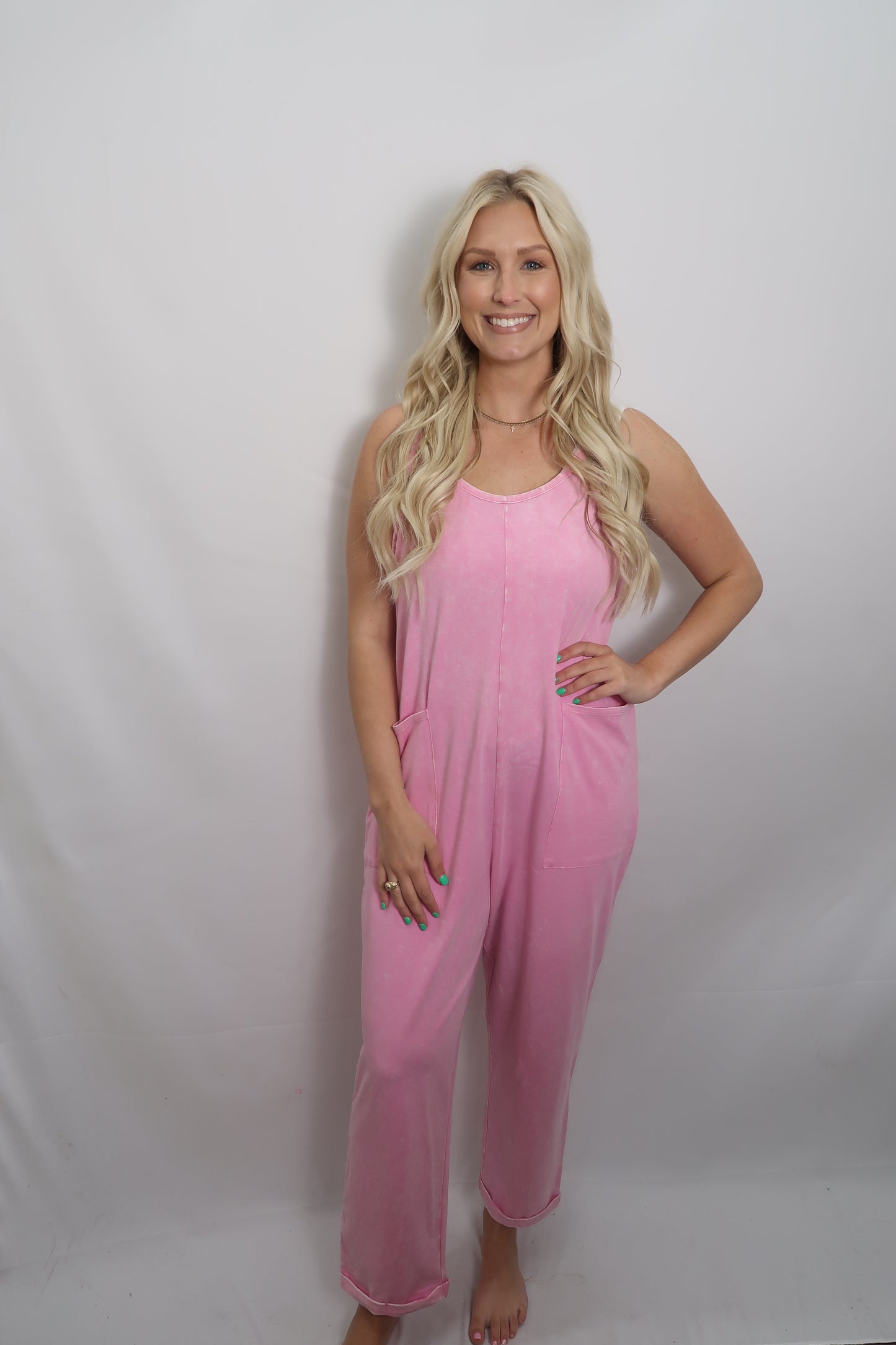 Washed Spaghetti Strap Overalls in Candy Pink