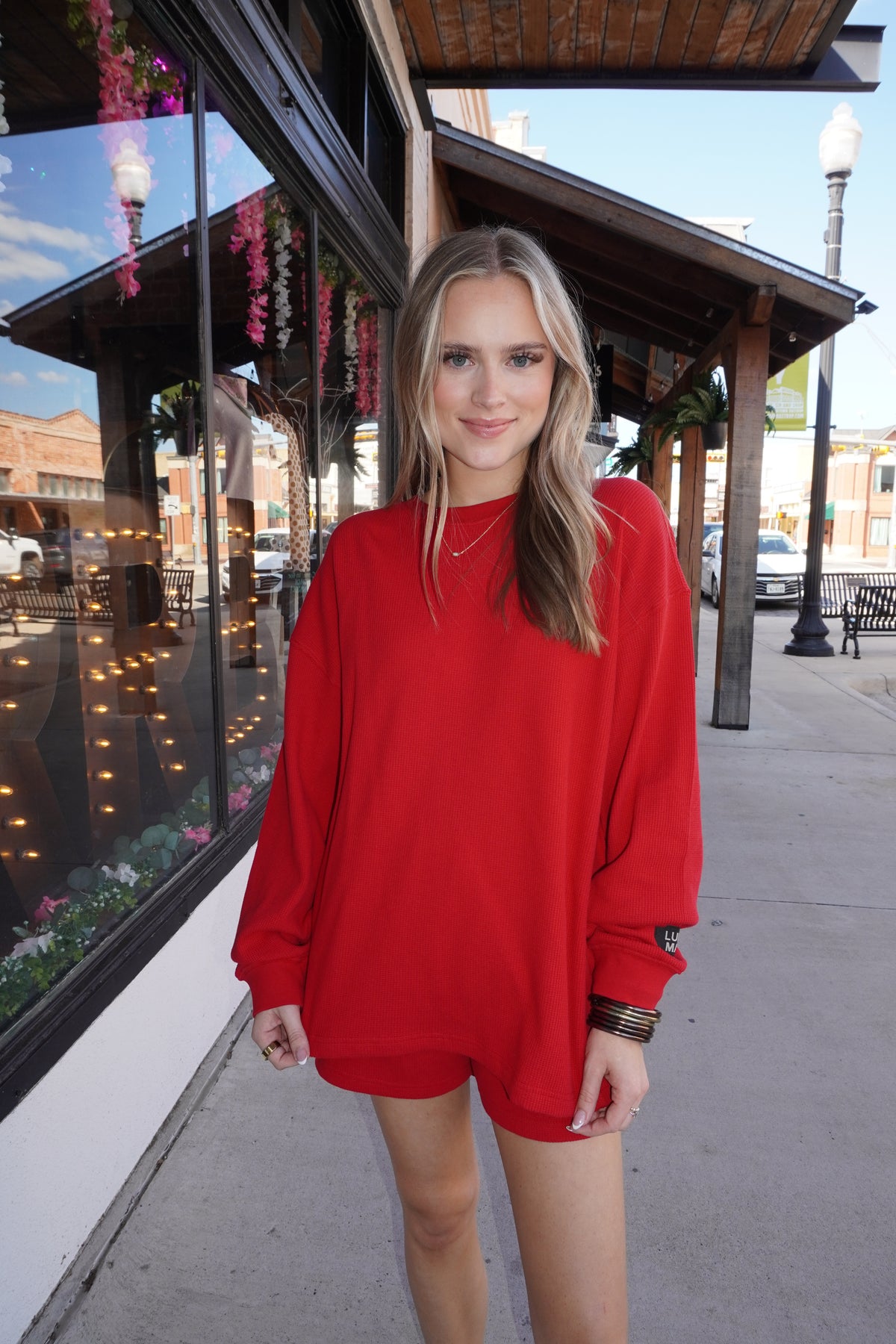 Lulu Mac Waffle Long Sleeve Top in Red