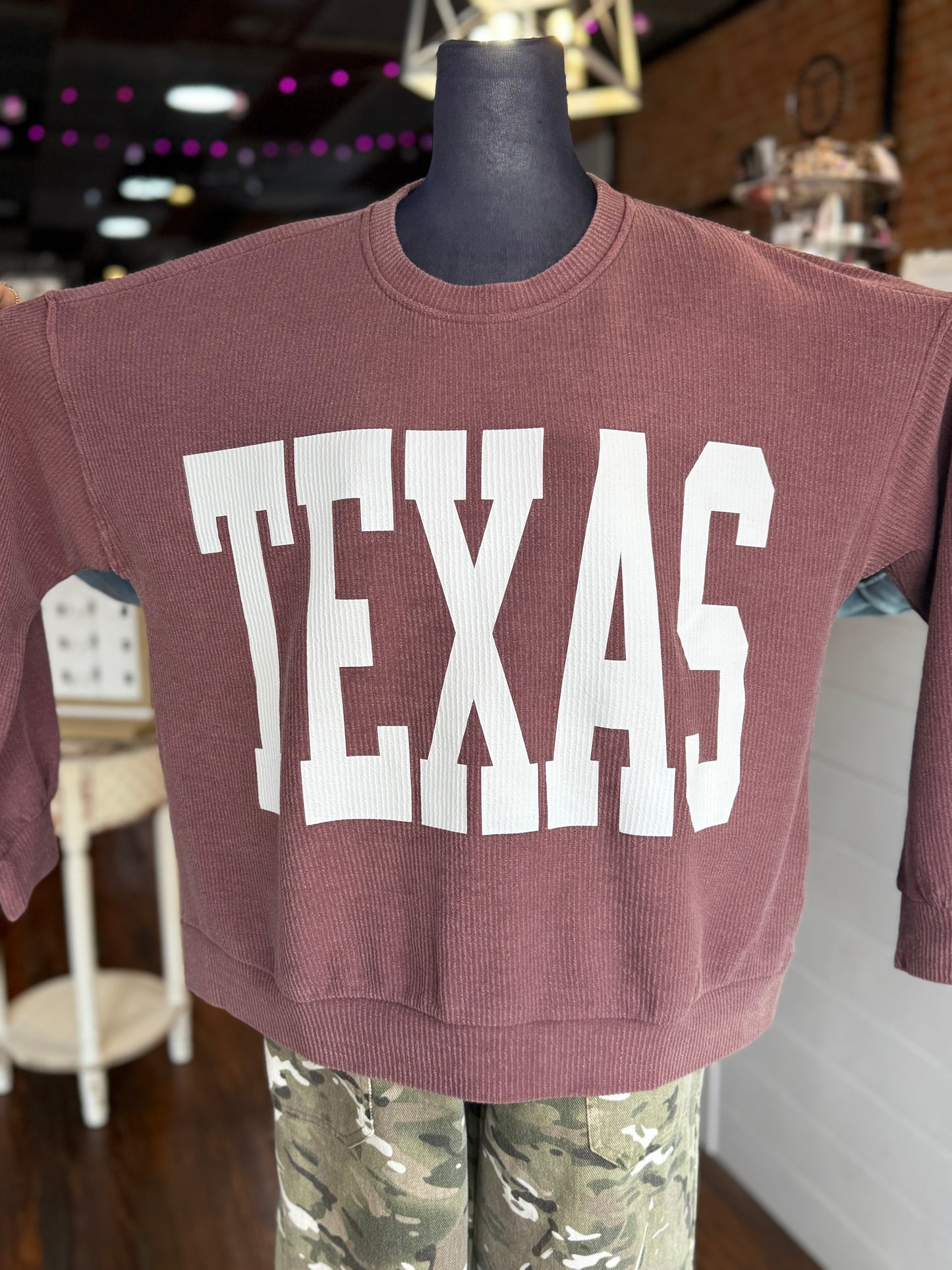 Texas Ribbed Knit Sweatshirt in Maroon
