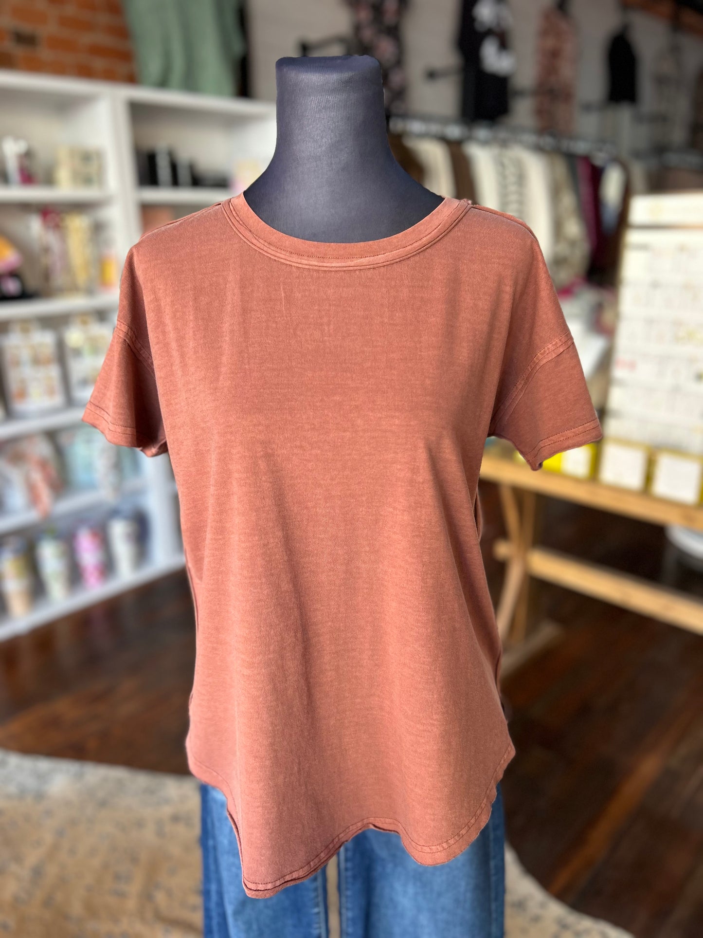 Exposed Seam Short Sleeve Top in Terracotta