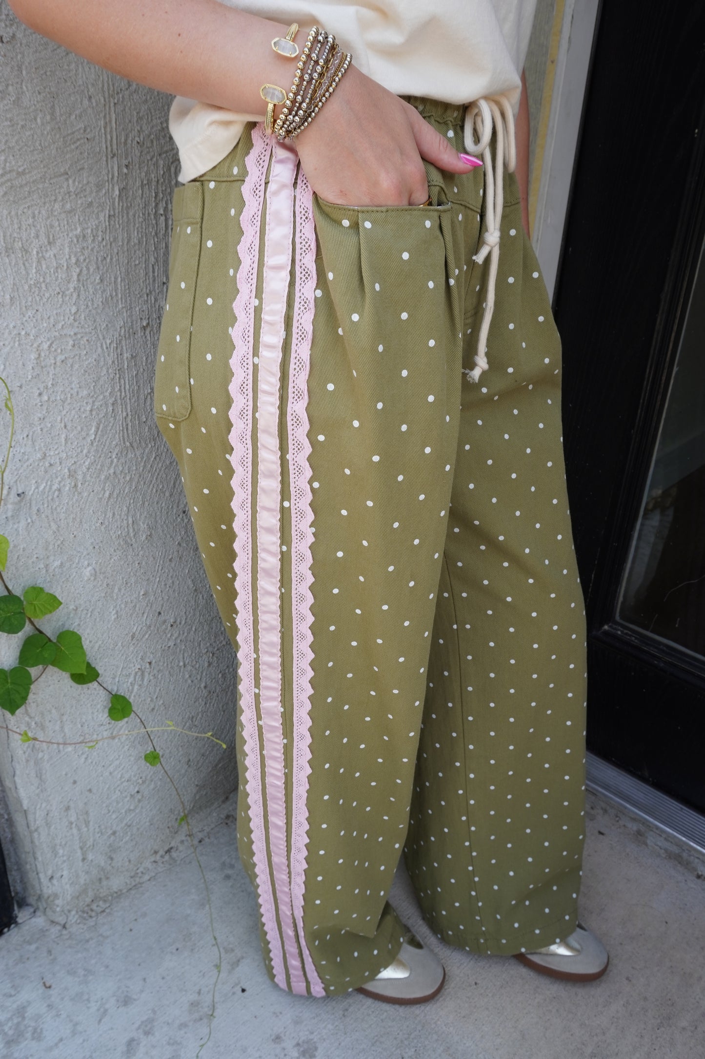 Pink Polka Dot Pants in Olive