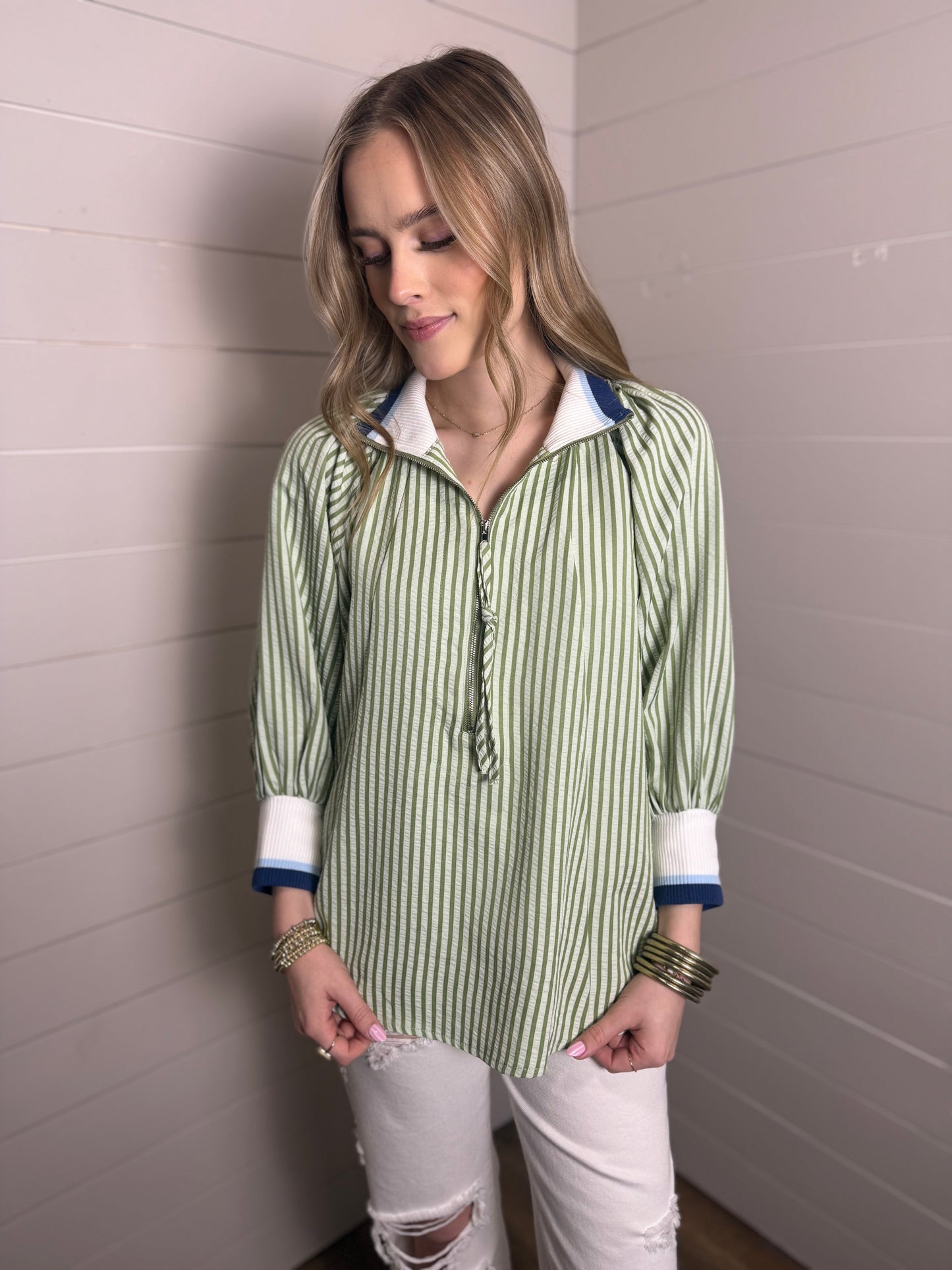 Half Zipped Striped Top in Sage