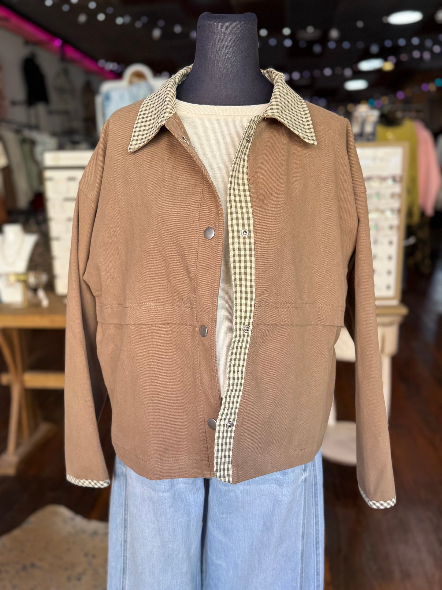 Gingham Detail Jacket in Taupe