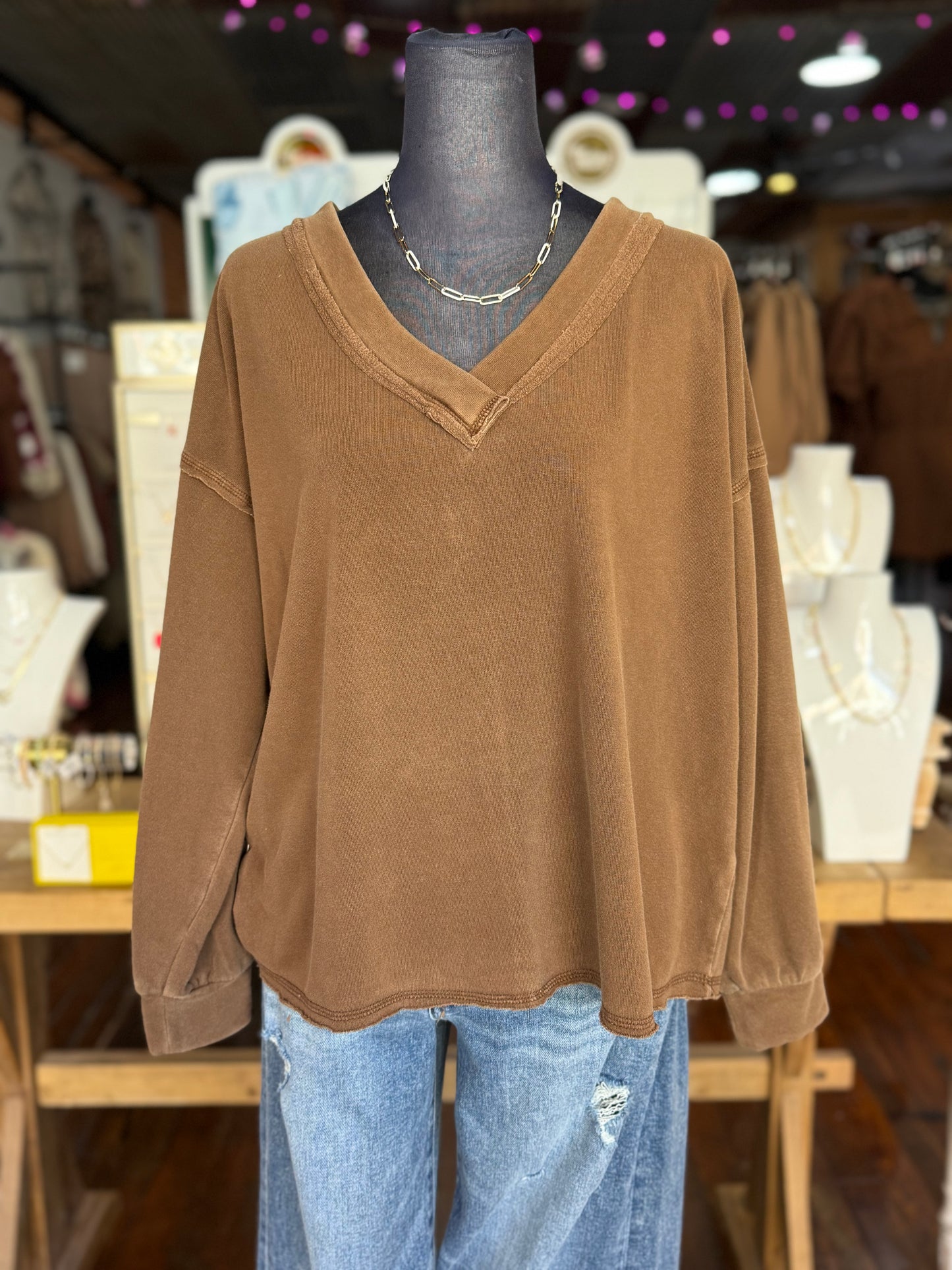 Reverse Stitch Knit Top in Brown