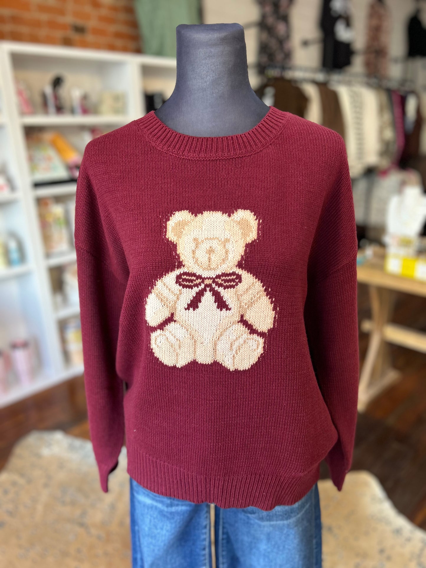 Teddy Jacquard Pullover Sweater in Burgundy