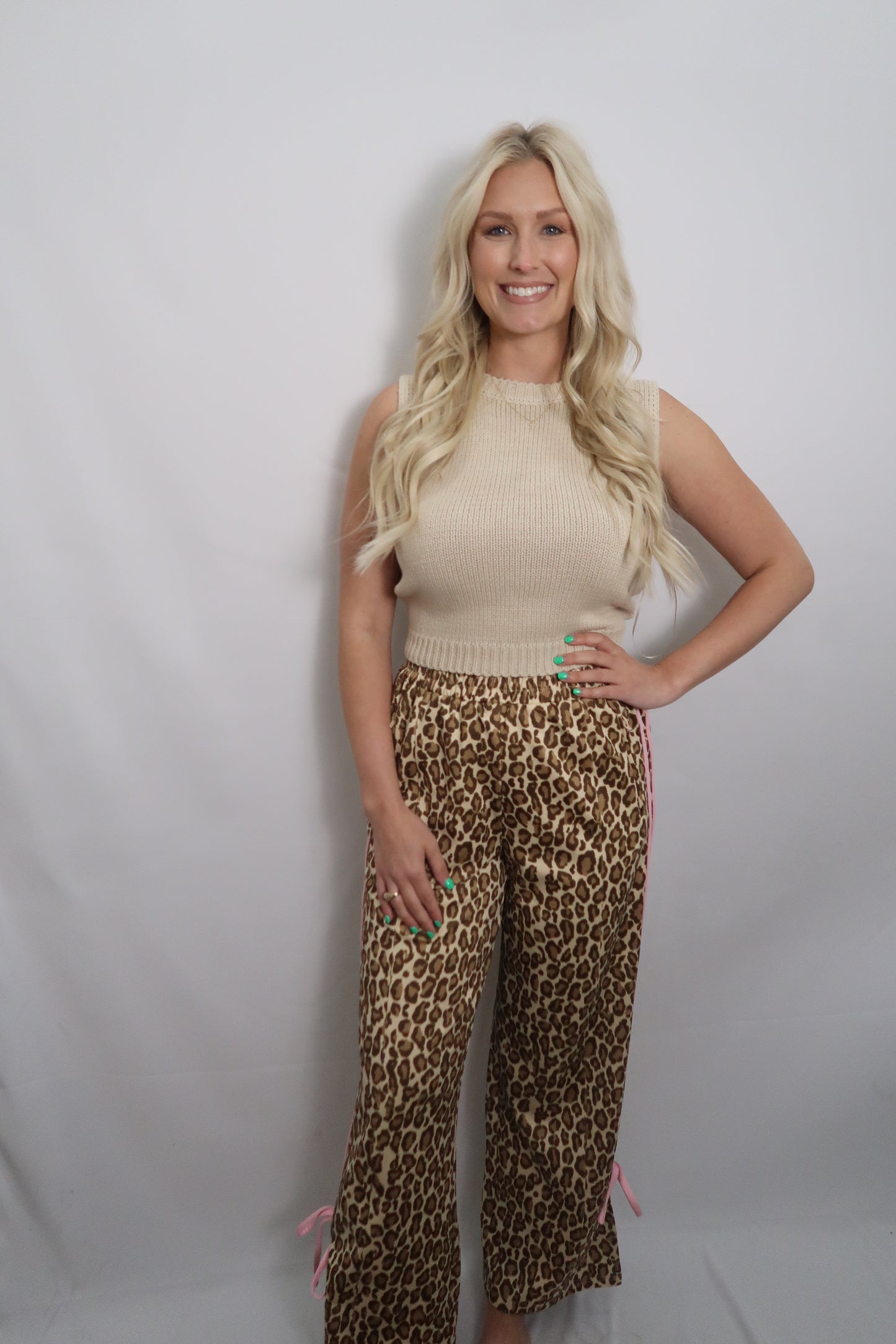 Bow Track Pants in Taupe Leopard