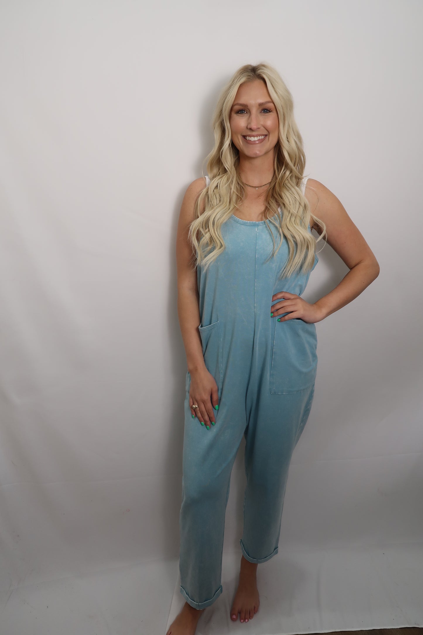 Washed Spaghetti Strap Overalls in Dusty Teal