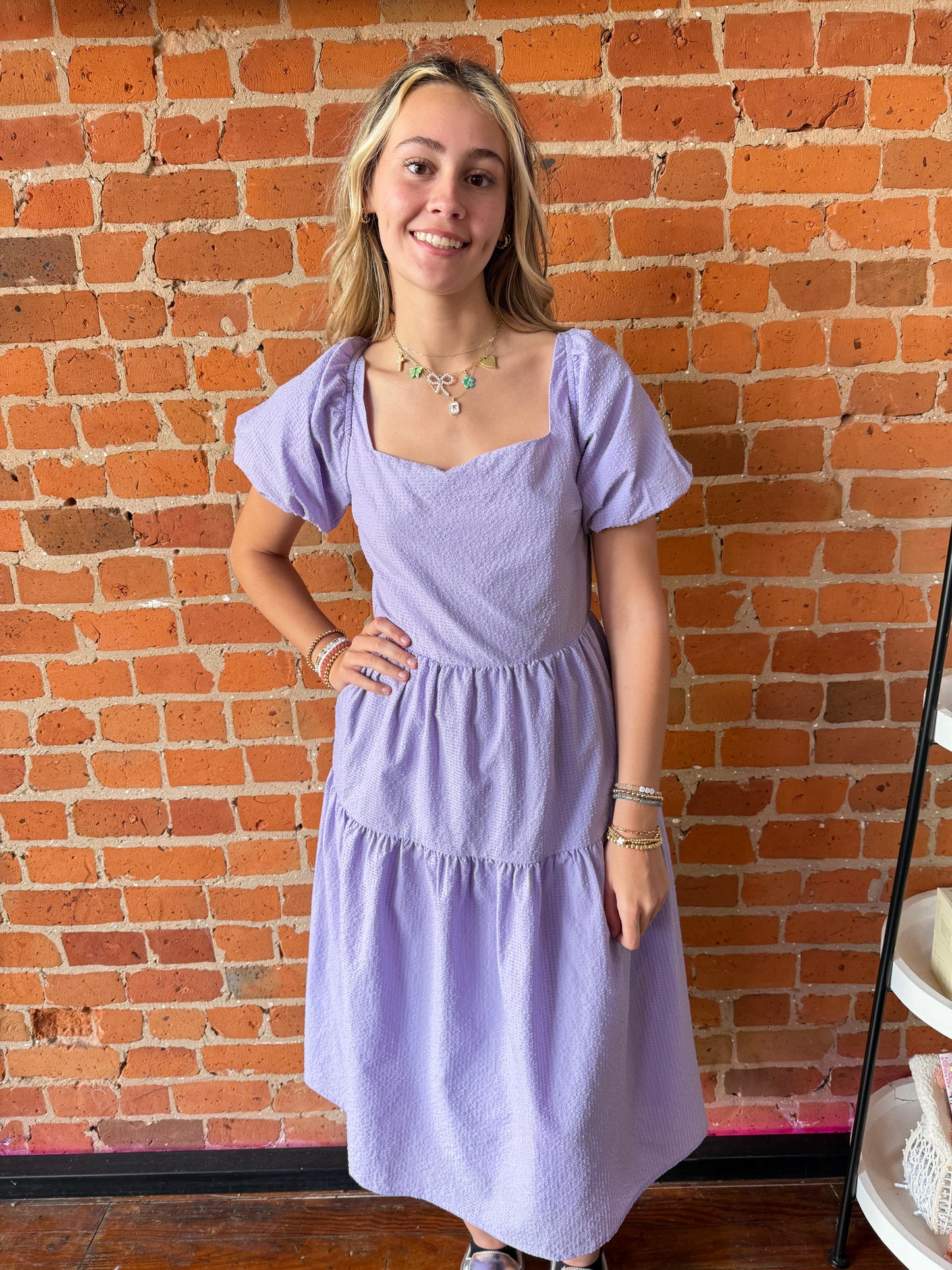 Lavender Puff Sleeve Midi Dress