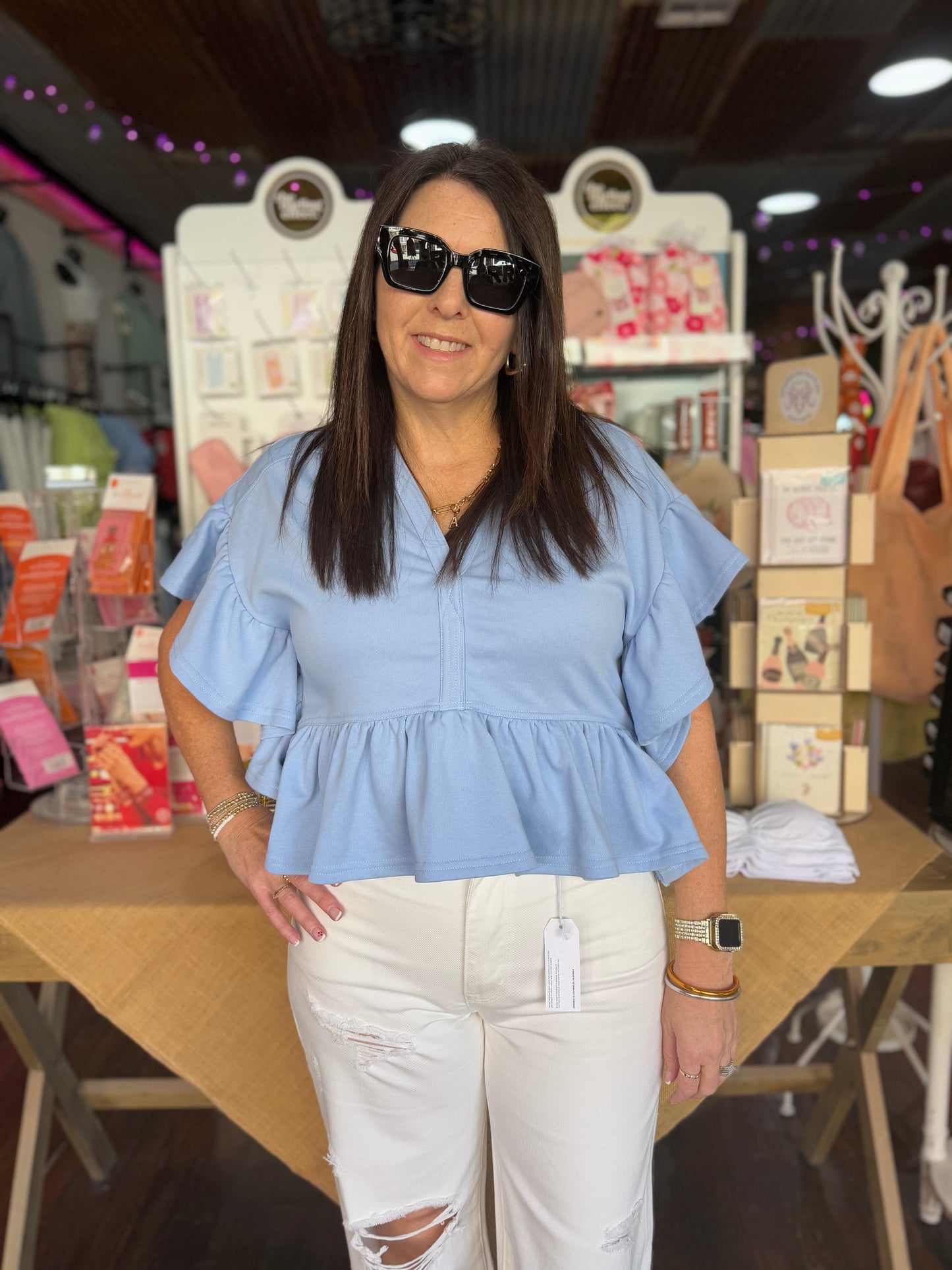 Spring Ruffle Hoodie Top in Chambray