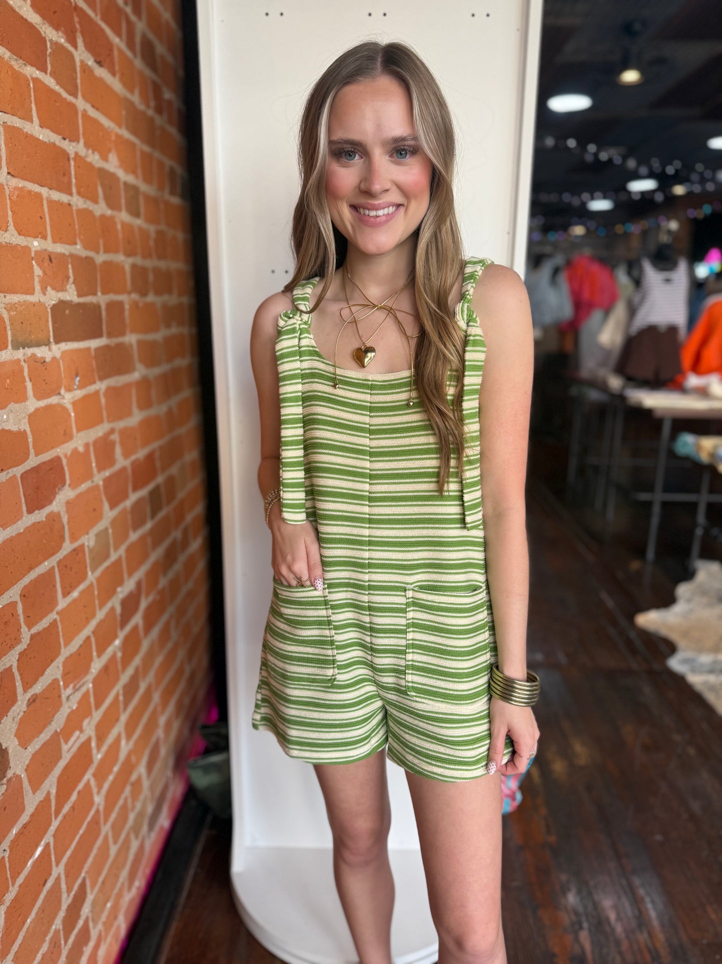 Beachy Casual Knit Romper in Green Stripe