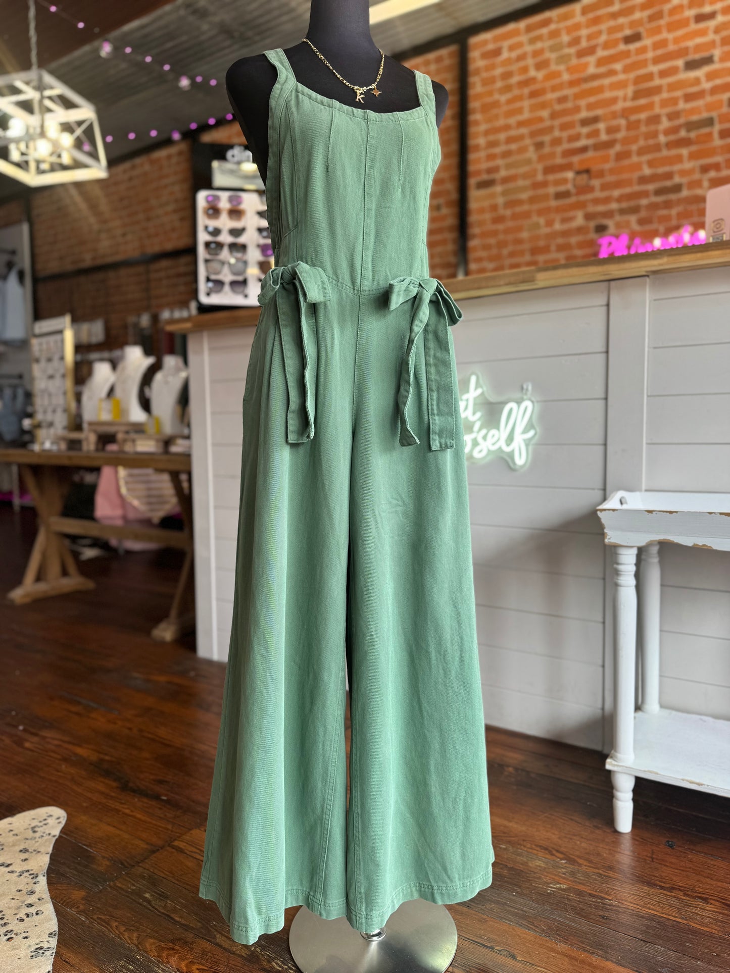 Kacey Bow Denim Jumpsuit in Green
