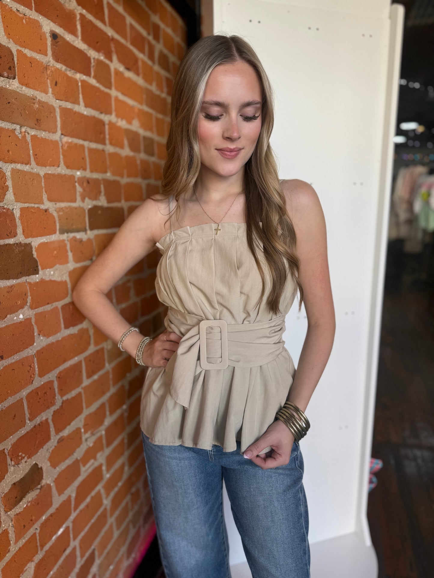 Buckle Pleated Sleeveless Top in Tan