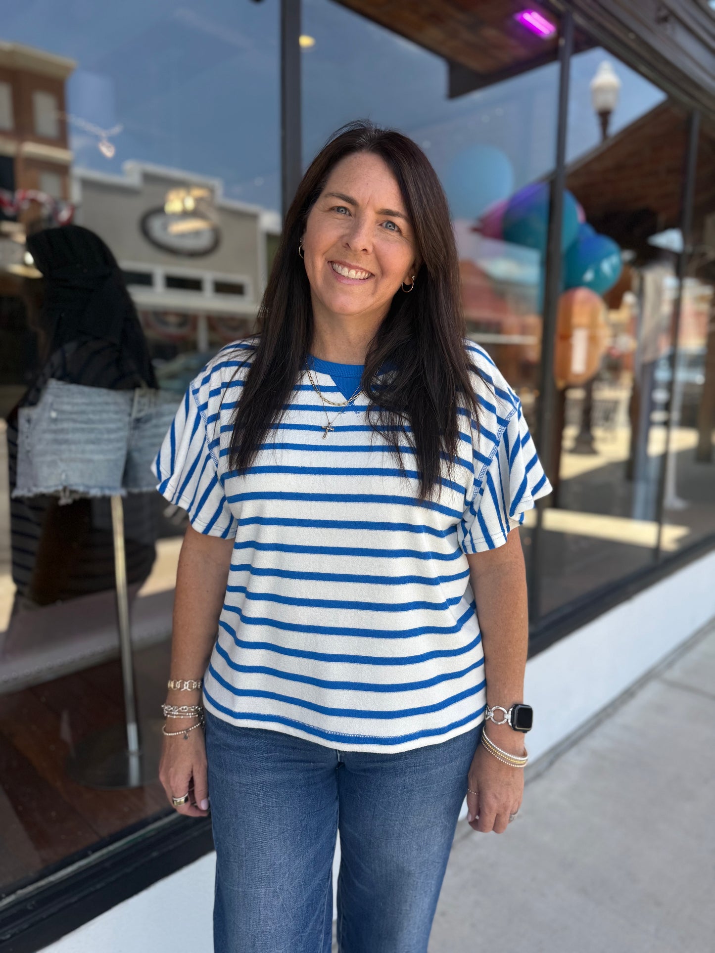 Ruffle Sleeve Stripe Top in White/Blue