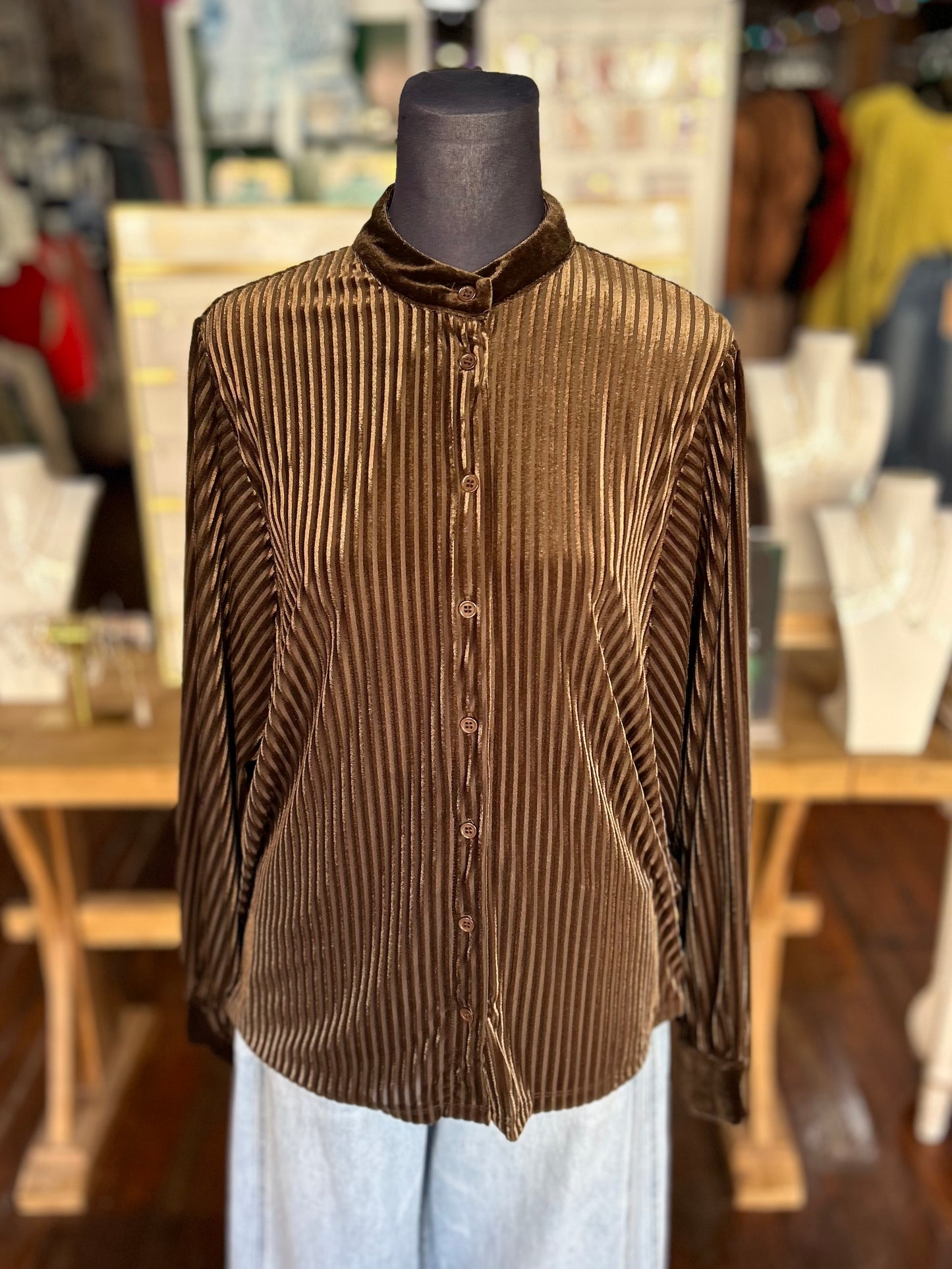 Velvet Striped Blouse in Brown (Lightweight)