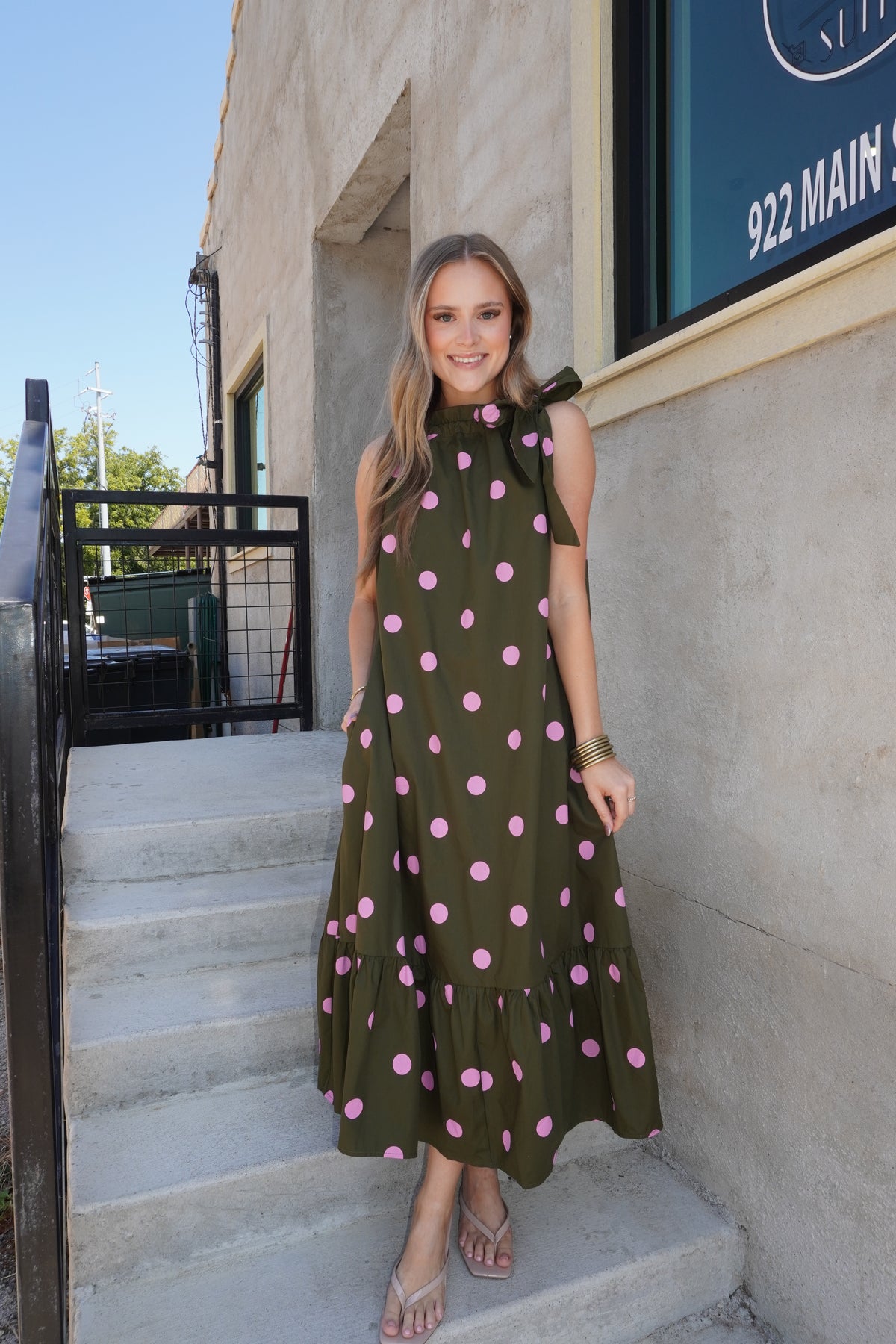 Polka Dot Midi Dress in Olive/Pink