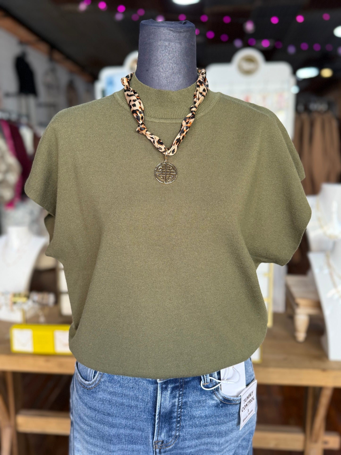 Mock Neck Knit Sweater Top in Olive