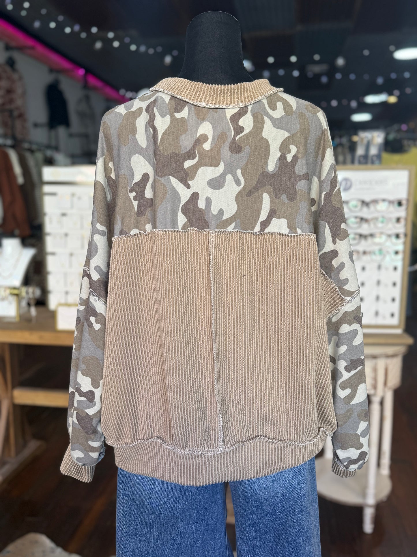 Camo Crewneck Oversized Pullover Top
