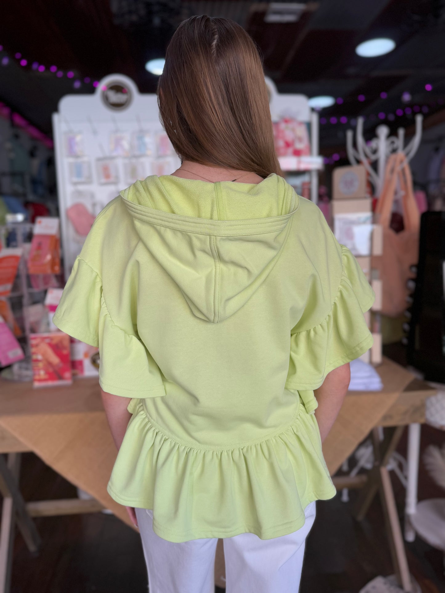 Spring Ruffle Hoodie Top in Apple Green