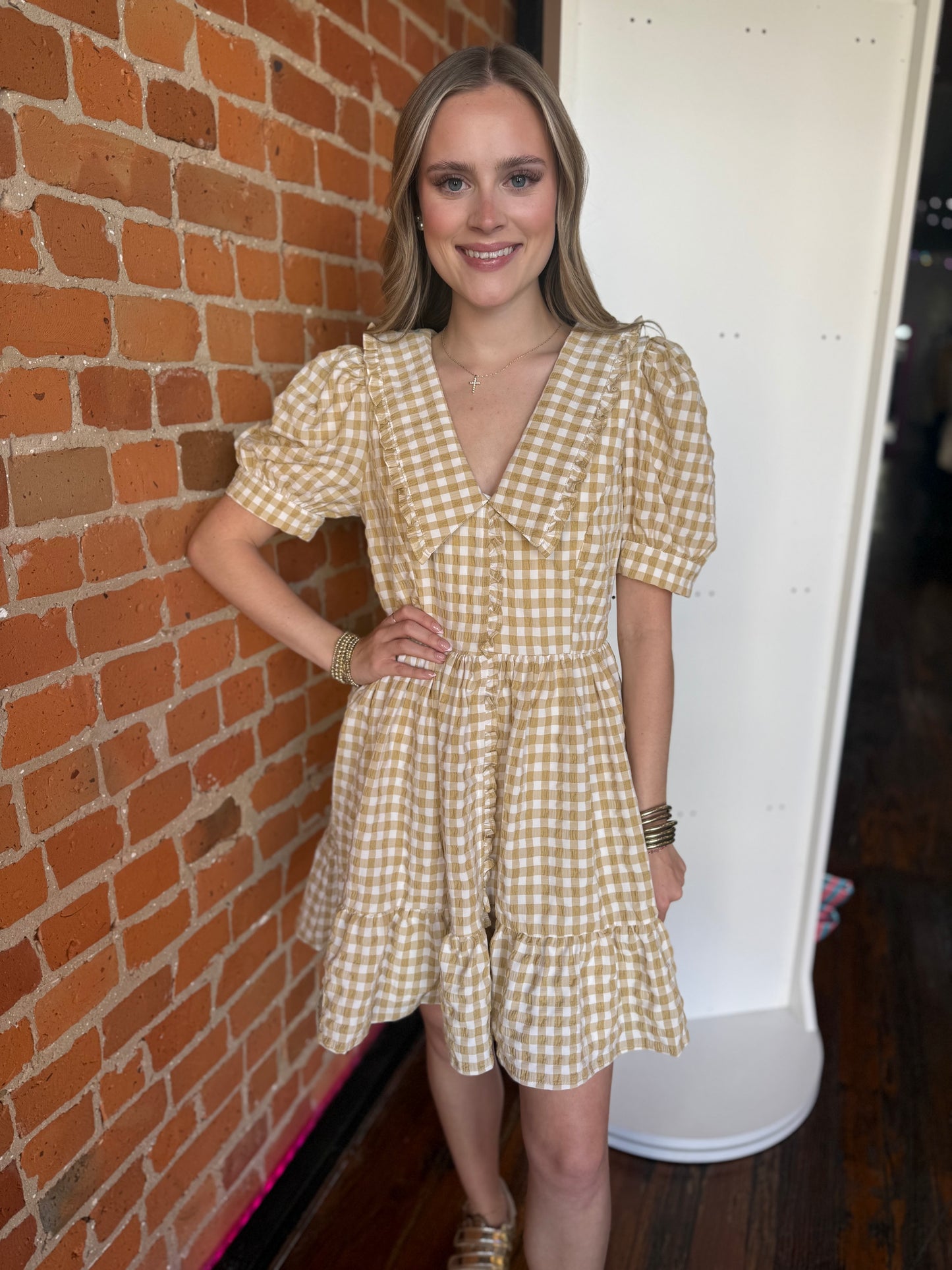 Peter Pan Gingham Dress in Beige