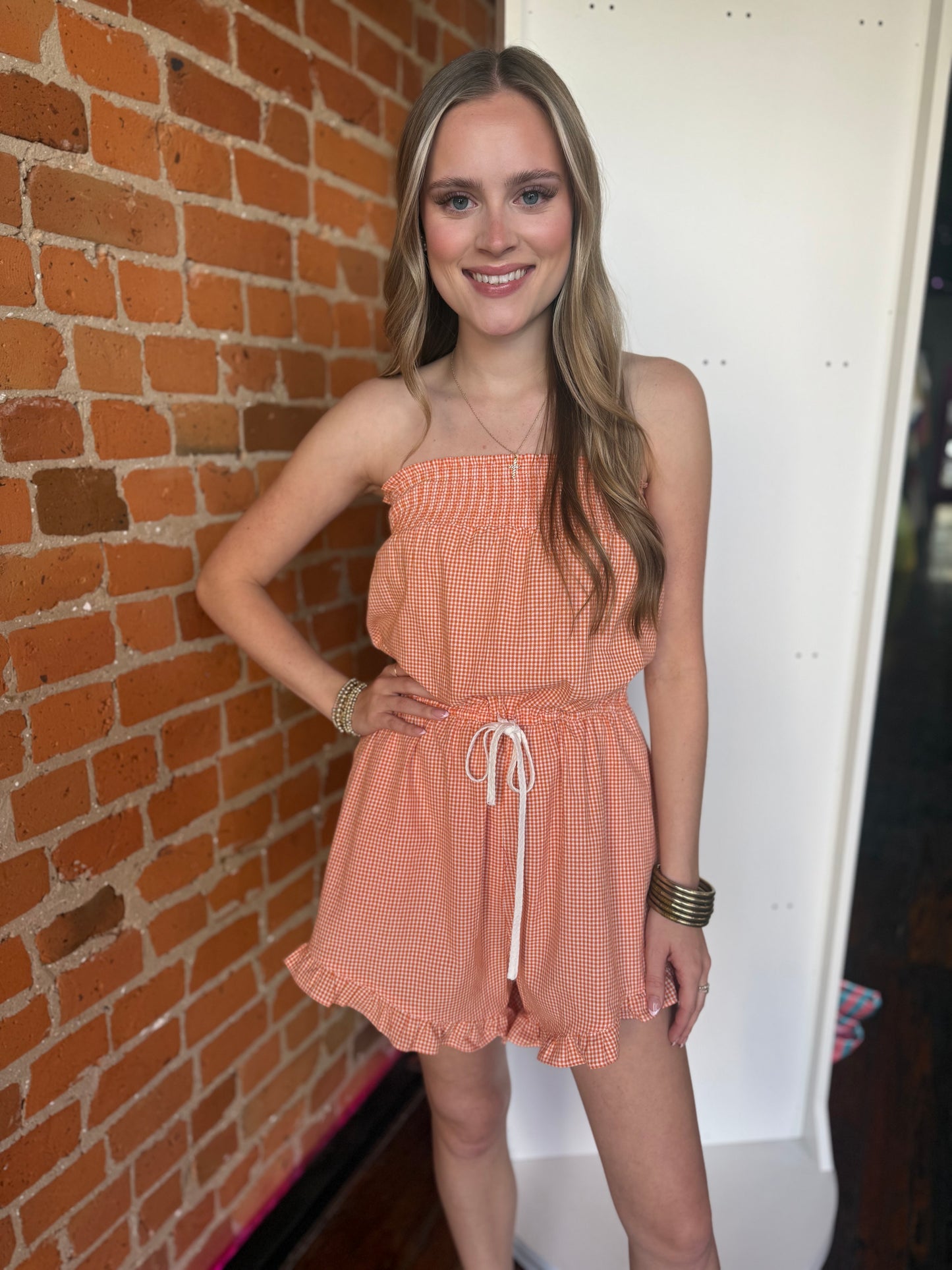 Gingham Tube Romper in Orange/White