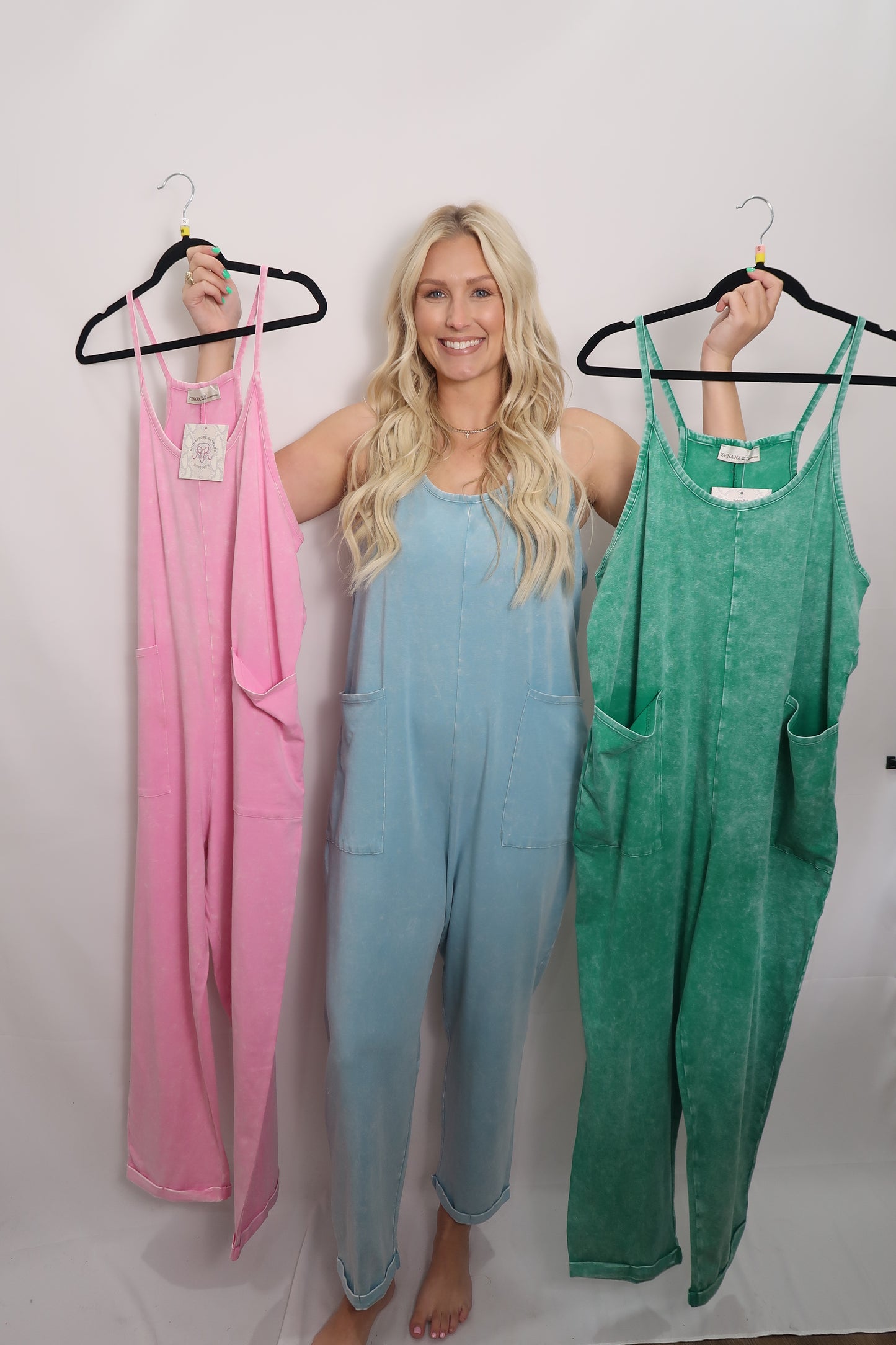 Washed Spaghetti Strap Overalls in K Green