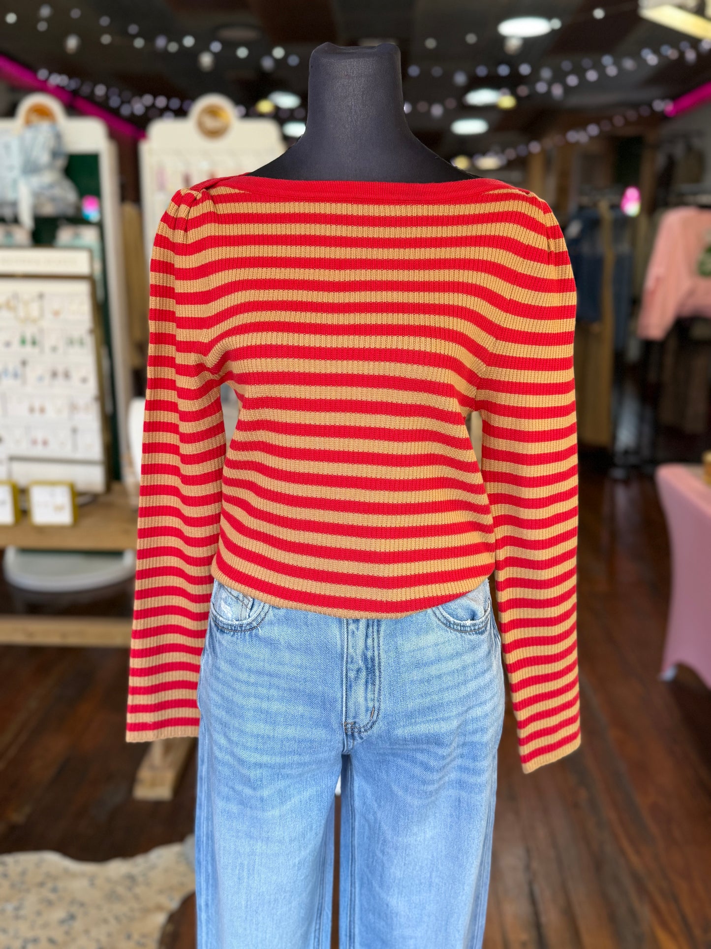 Errand Red/Taupe Striped Top