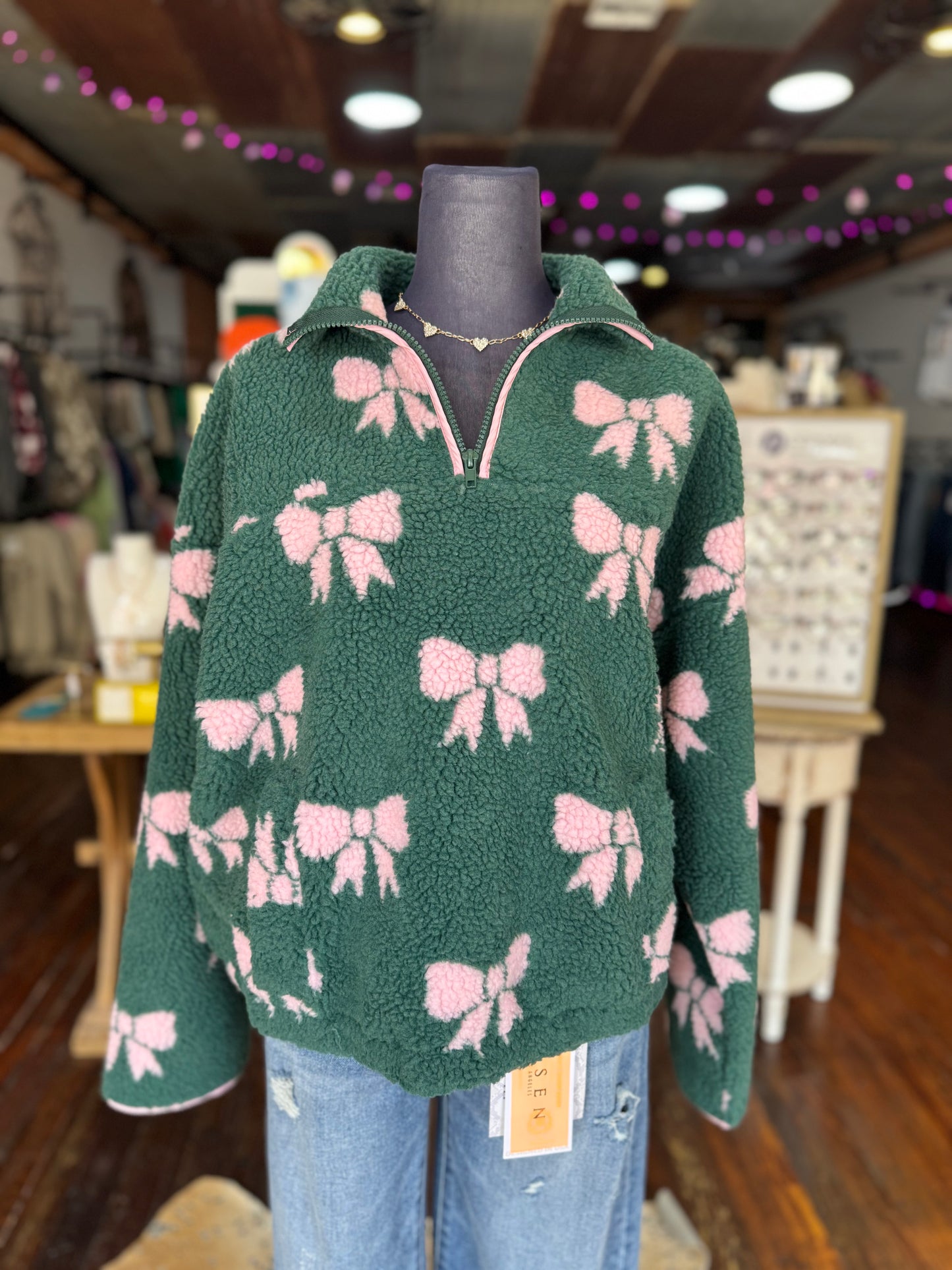 Bow Sherpa Pullover in Hunter Green/Pink