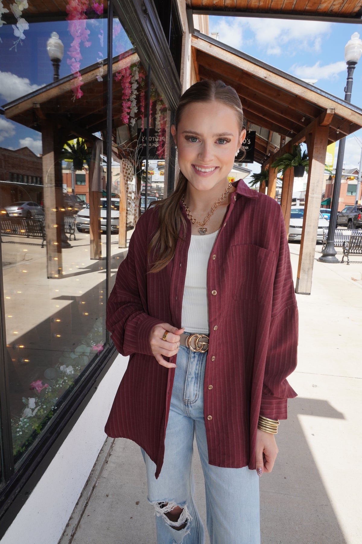 Maroon Striped Button Up Shirt