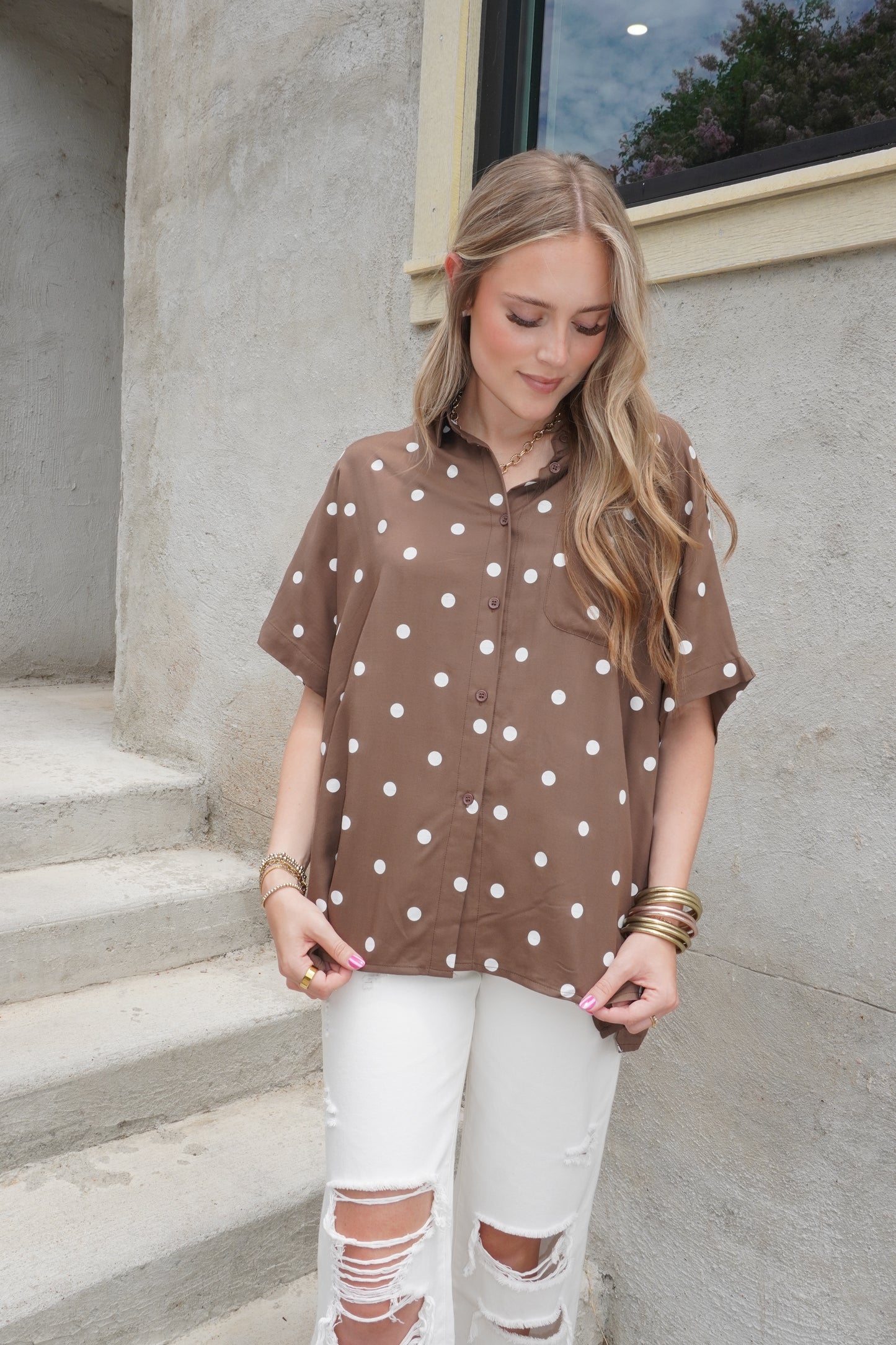 Polka Dot Collared Frocket Top in Brown