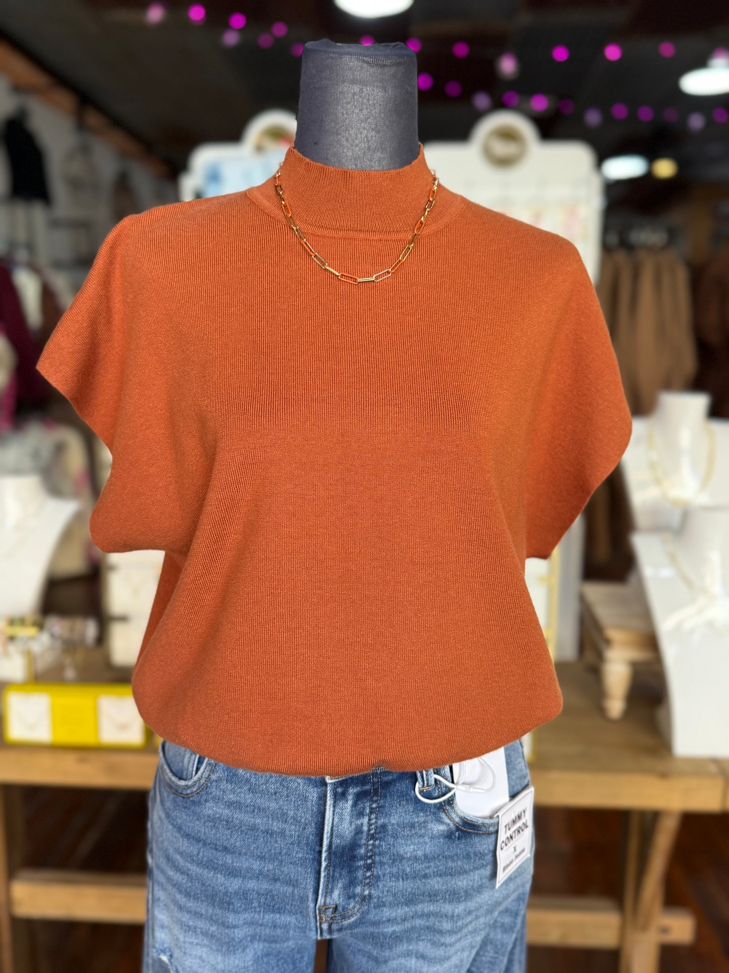 Mock Neck Knit Sweater Top in Bronze