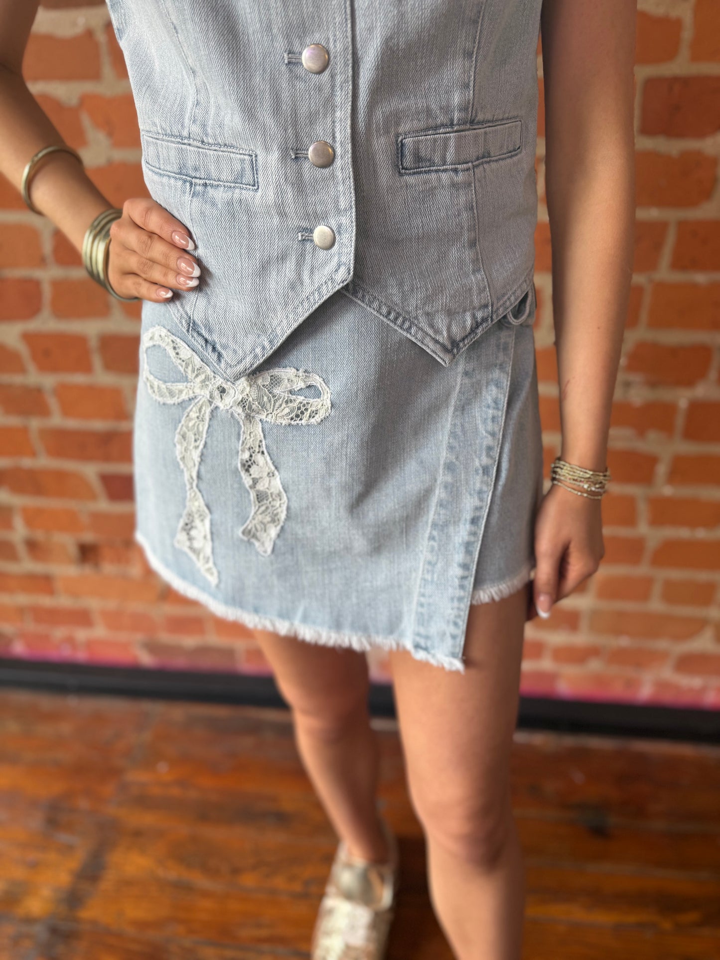 Washed Denim Bow Skort