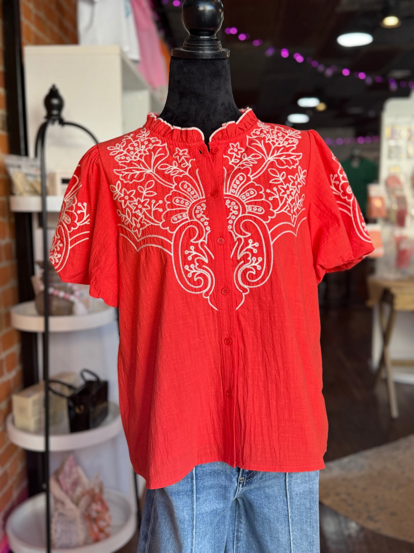 Tomato Red Embroidered Top