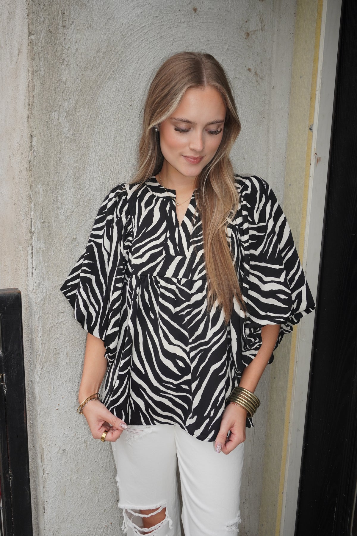 Marthy Zebra Bubble Sleeve Blouse