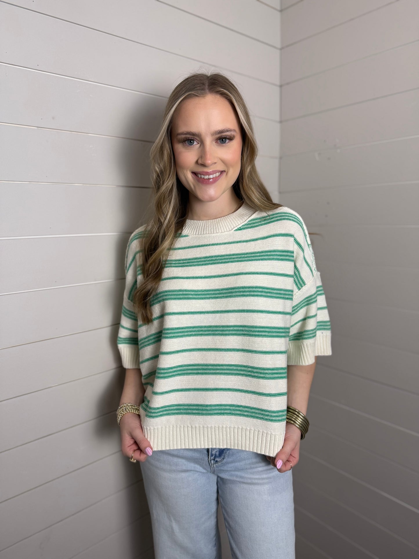 Drop Sleeve Striped Sweater Top in Green