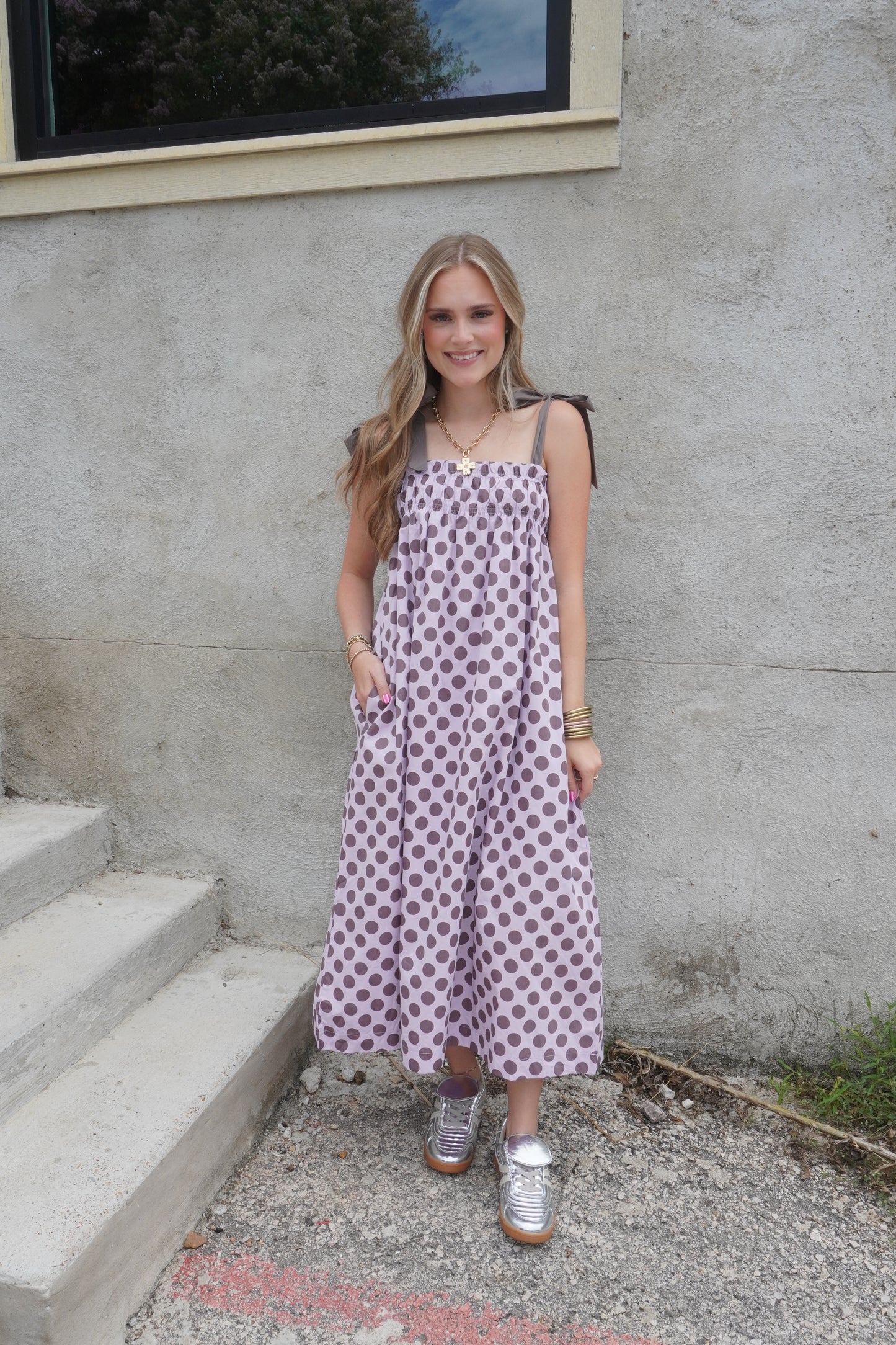 Purple Polka Dot Smocked Maxi Dress