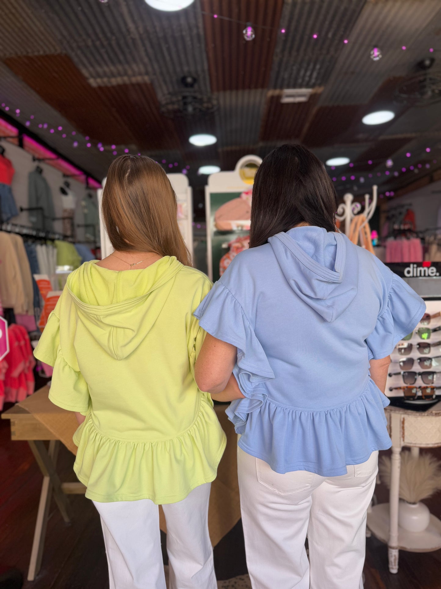 Spring Ruffle Hoodie Top in Chambray