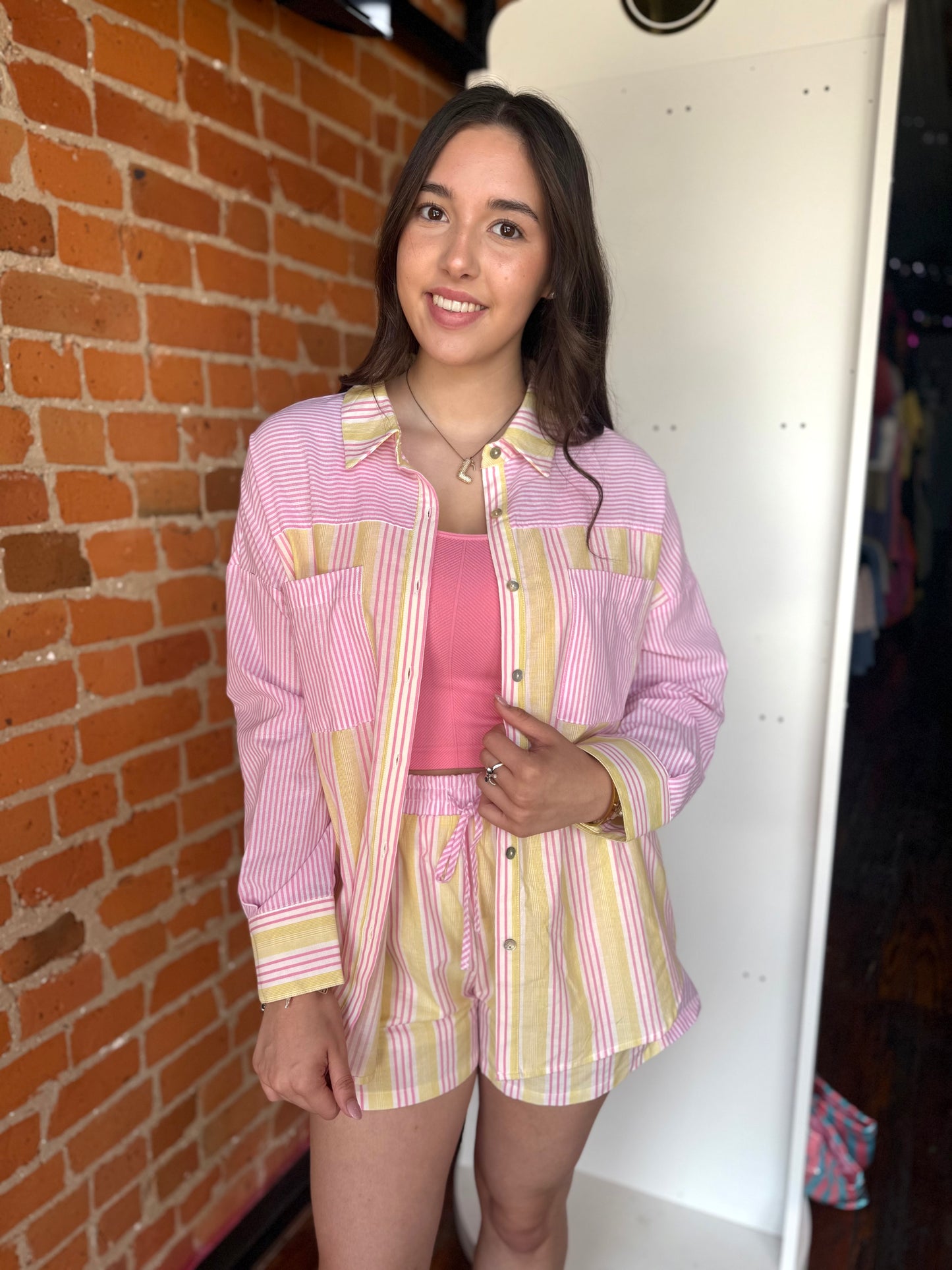 Summer Striped Woven Set in Pink/Yellow