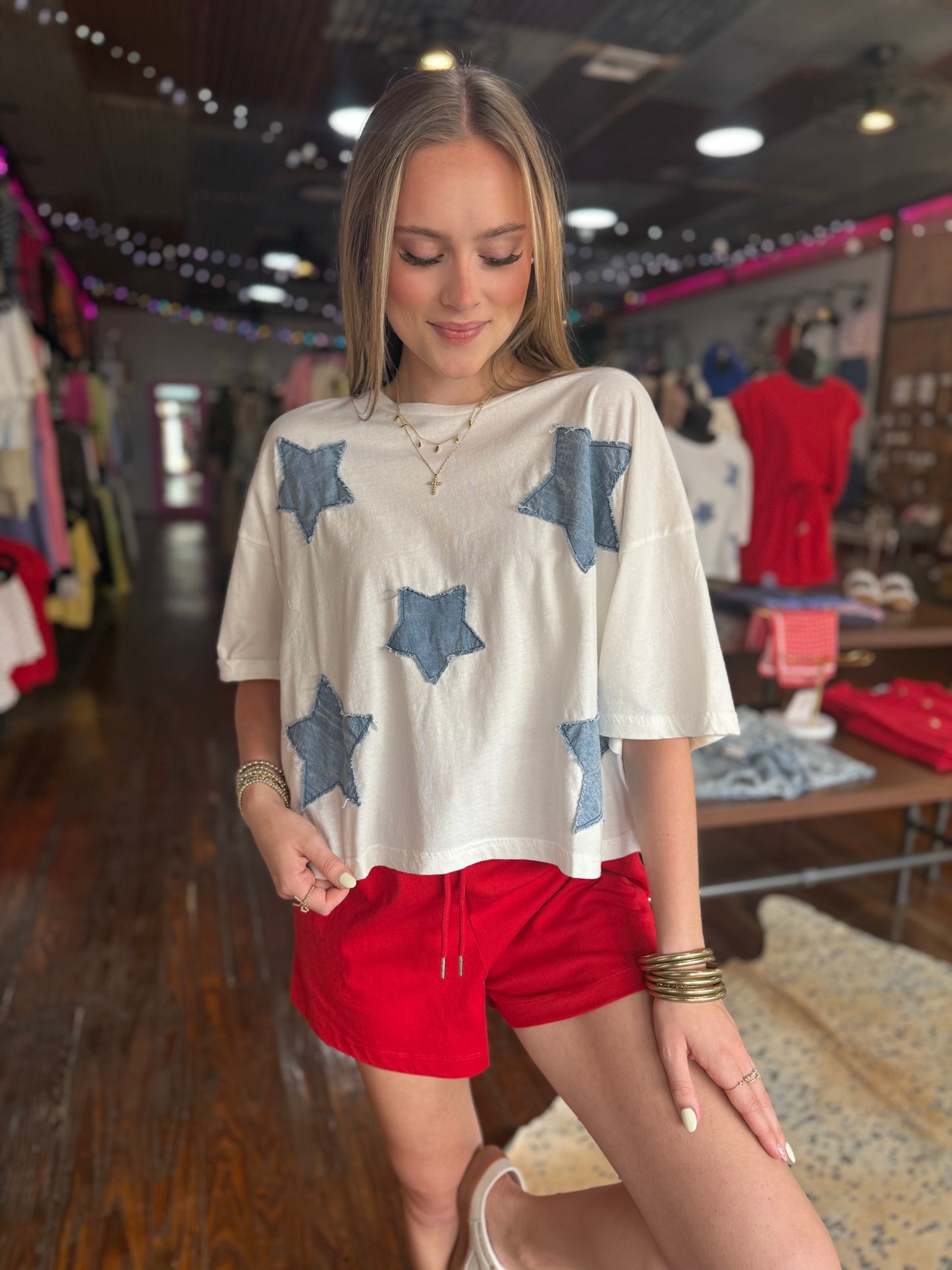 Stars Patch Top in White/Blue
