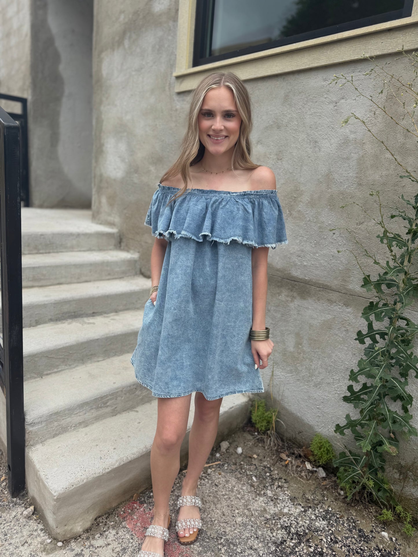 Chambray Off Shoulder Denim Dress