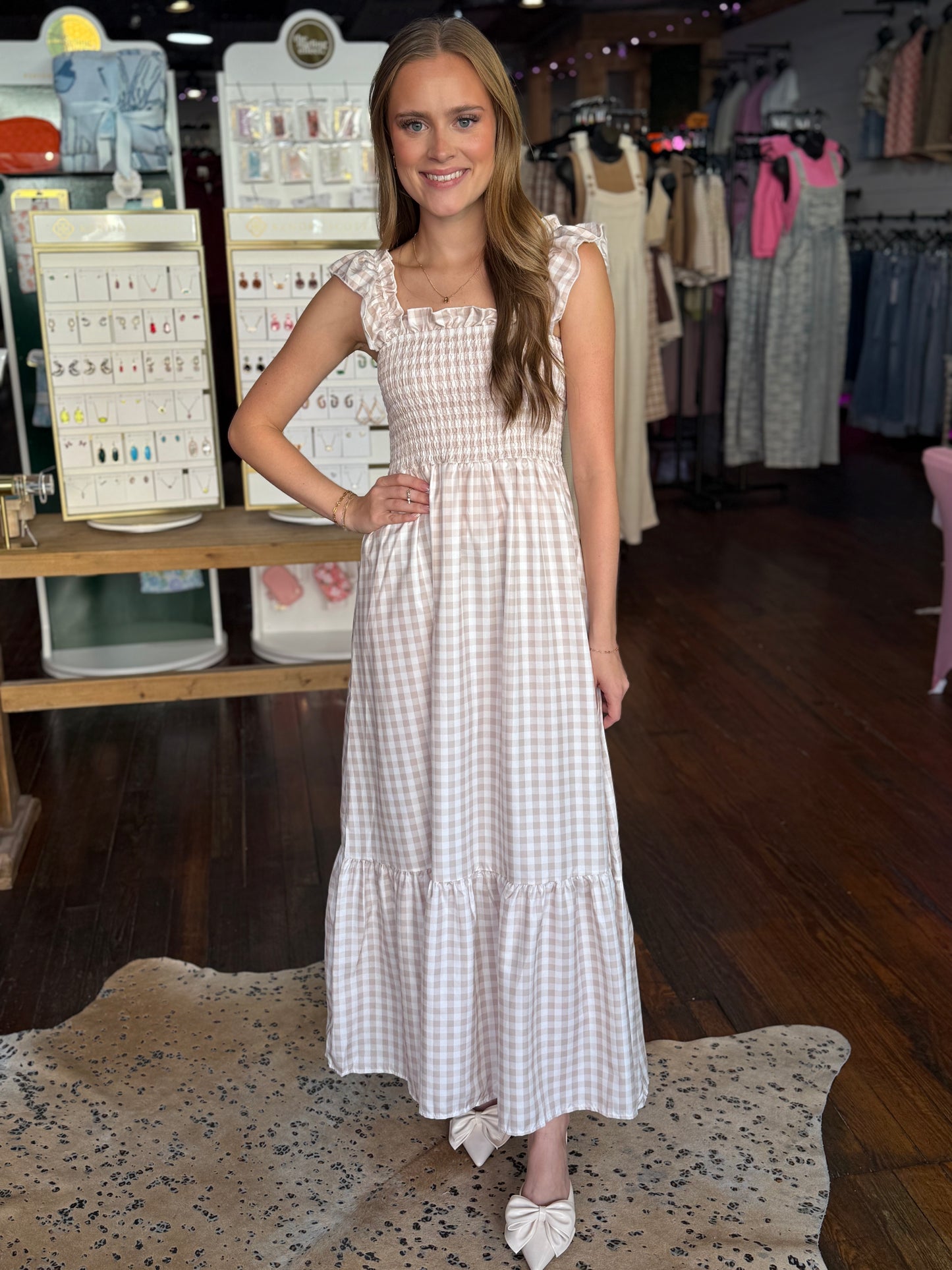 Checkered Flowy Maxi Dress in Beige