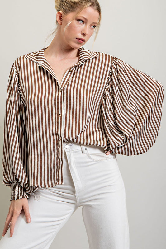 Brown Bubble Sleeve Blouse