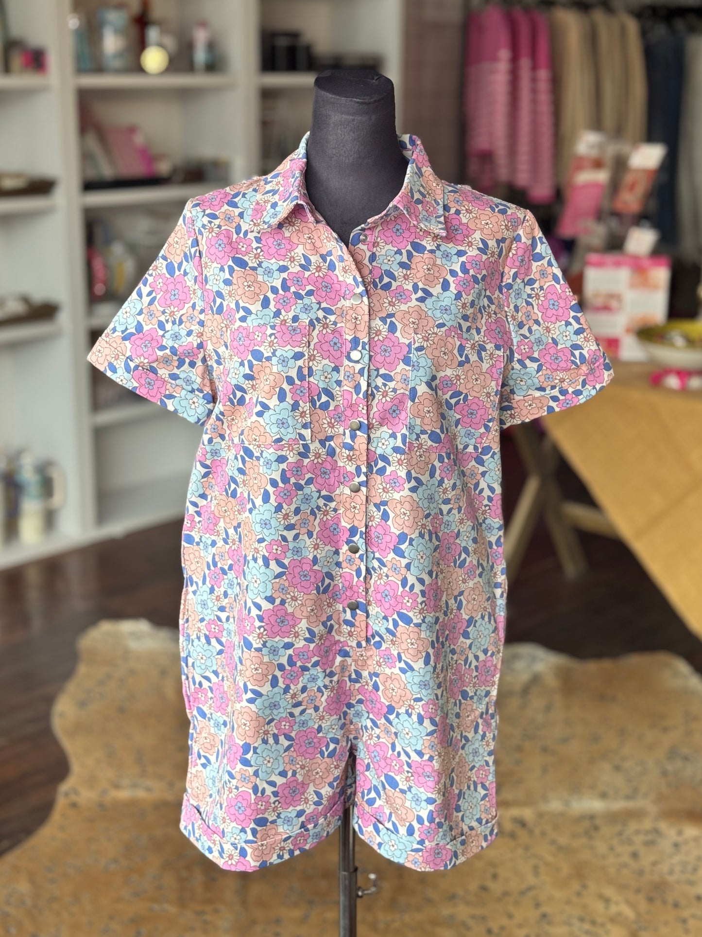Pastel Floral Romper in Pink-Blue