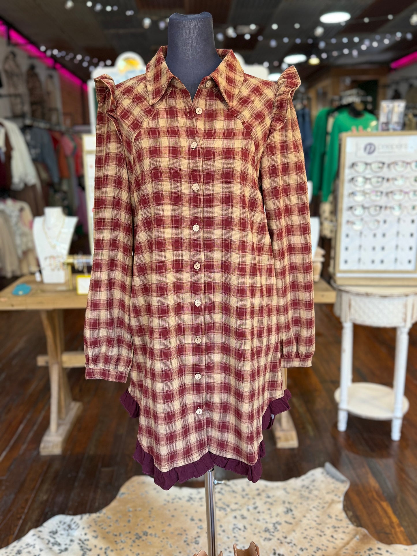 Plaid Trim Fall Dress in Red Mix