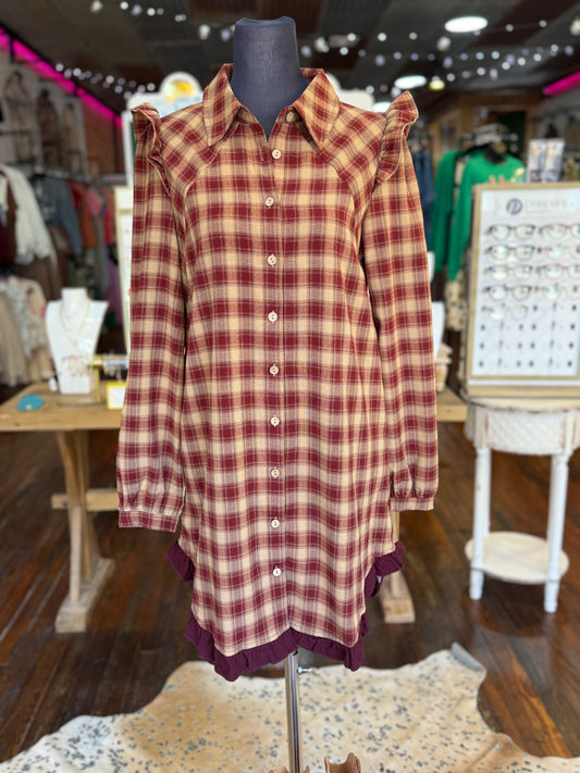 Plaid Trim Fall Dress in Red Mix